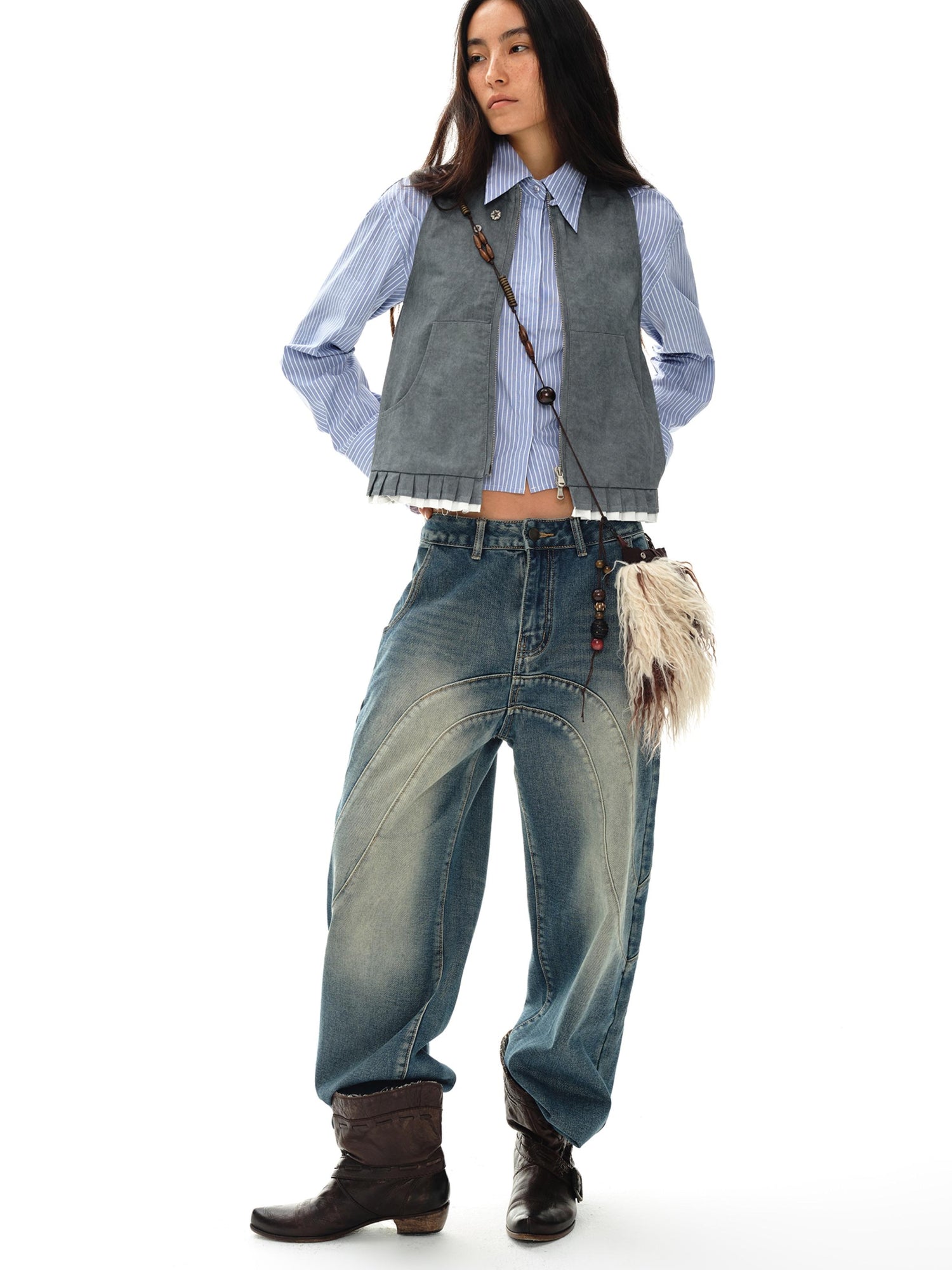 oinimi Pleated Mud Dyed Mouse Gray Vest With Raw Hem