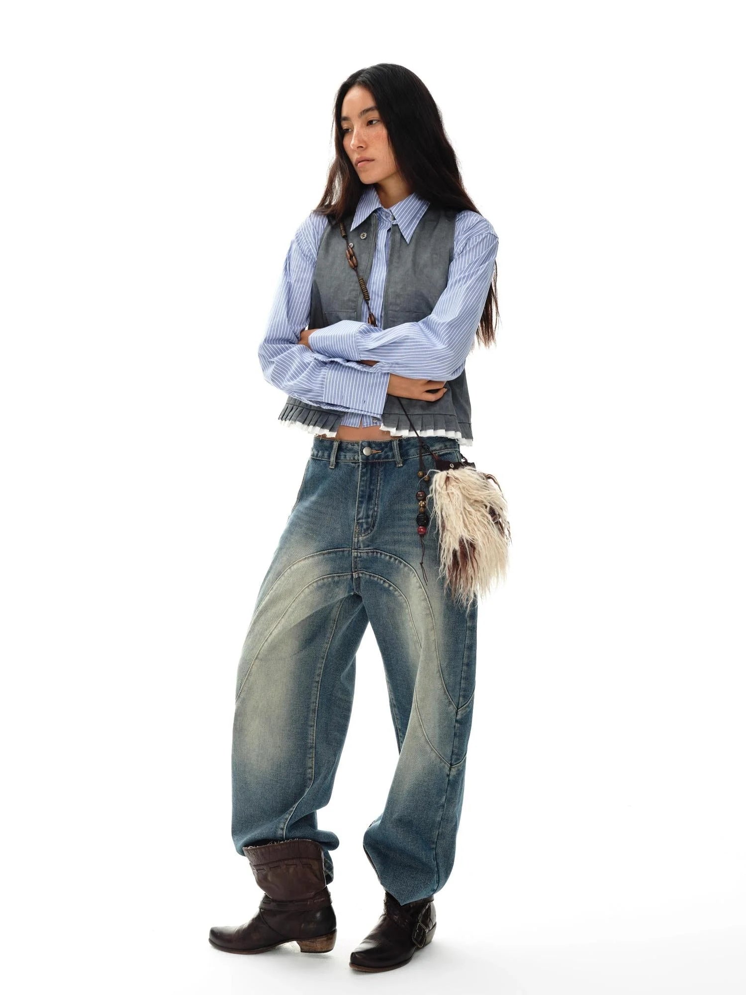 Pleated Mud Dyed Mouse Gray Vest With Raw Hem