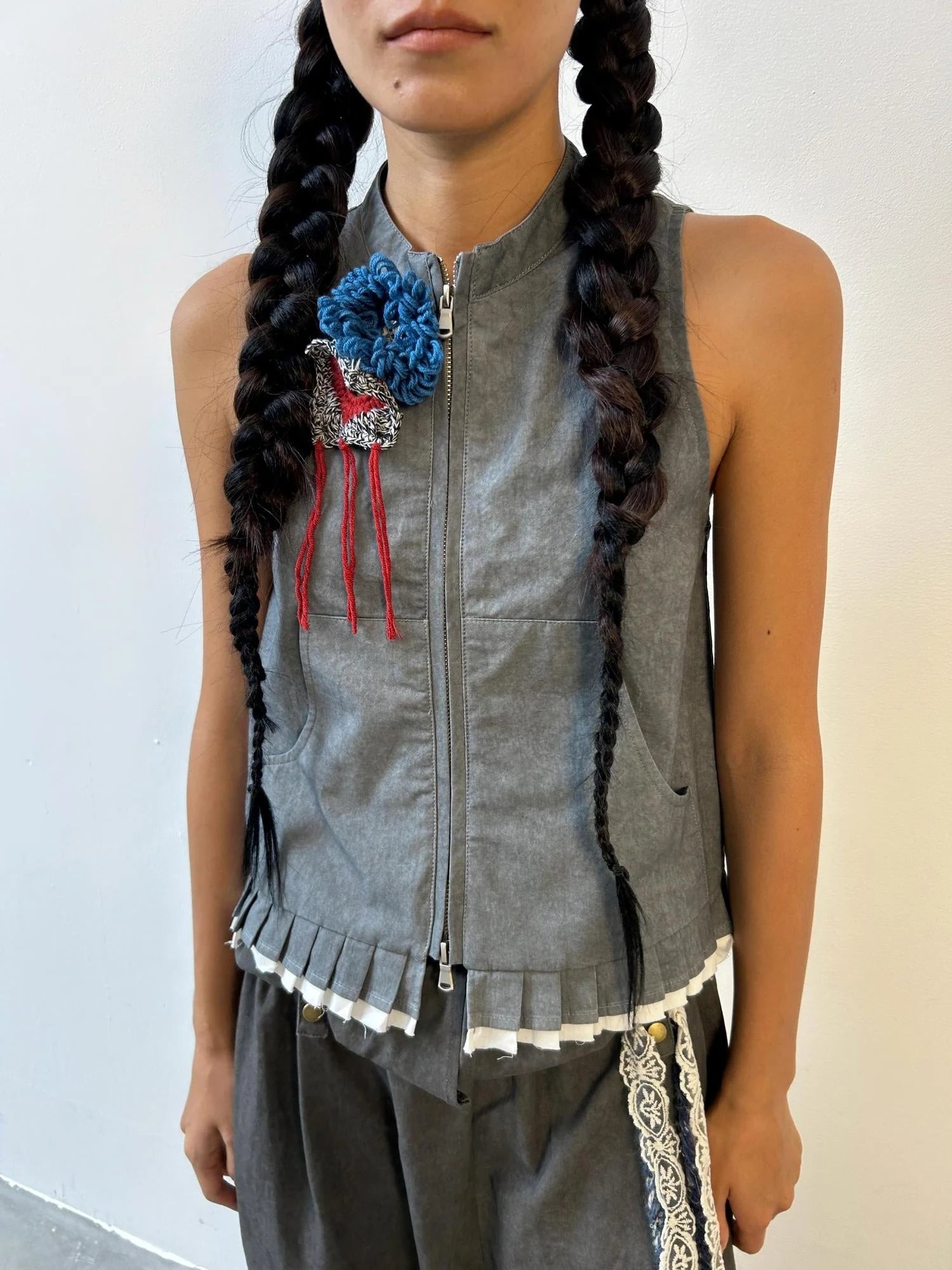 Pleated Mud Dyed Mouse Gray Vest With Raw Hem