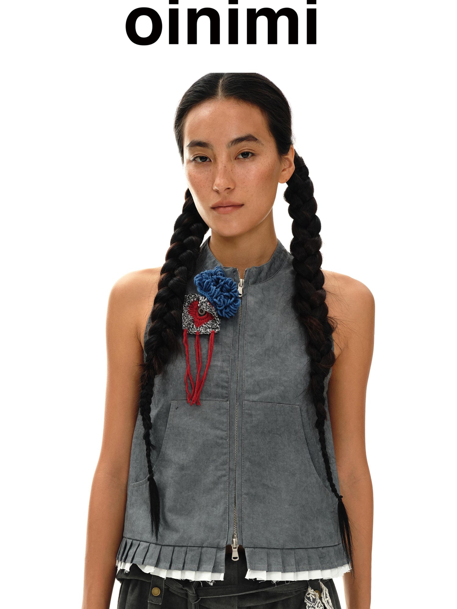 oinimi Pleated Mud Dyed Mouse Gray Vest With Raw Hem