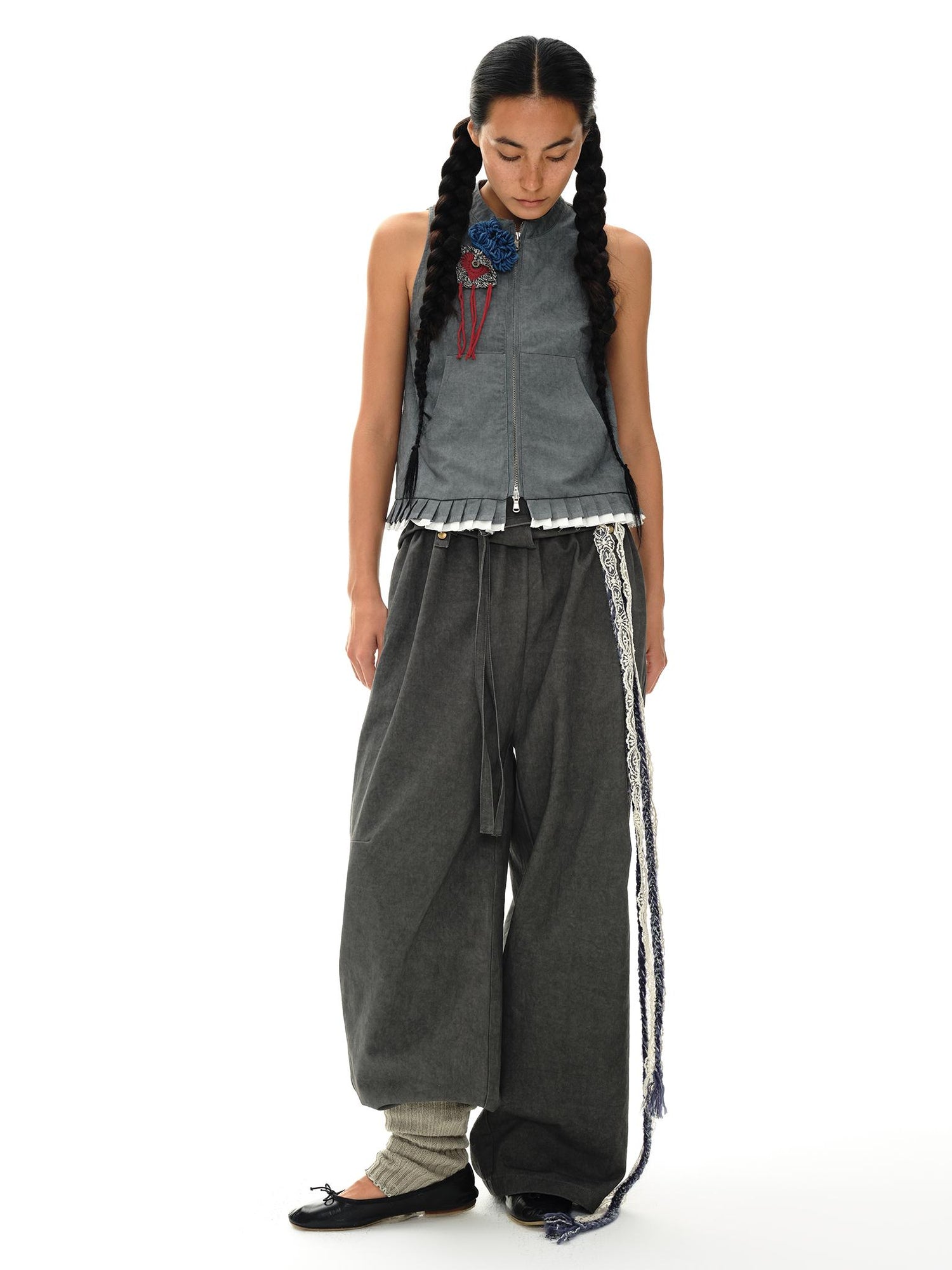 oinimi Pleated Mud Dyed Mouse Gray Vest With Raw Hem