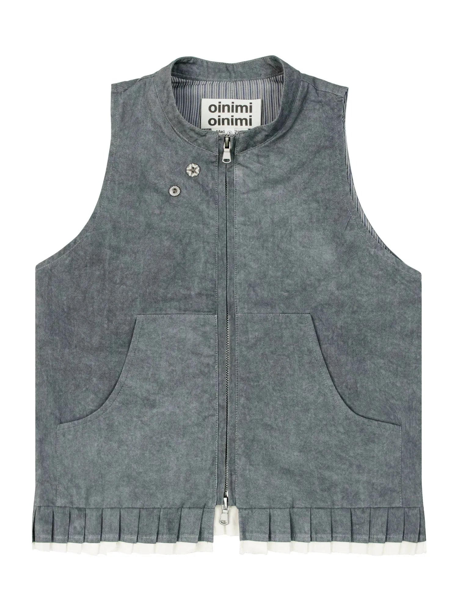 Pleated Mud Dyed Mouse Gray Vest With Raw Hem