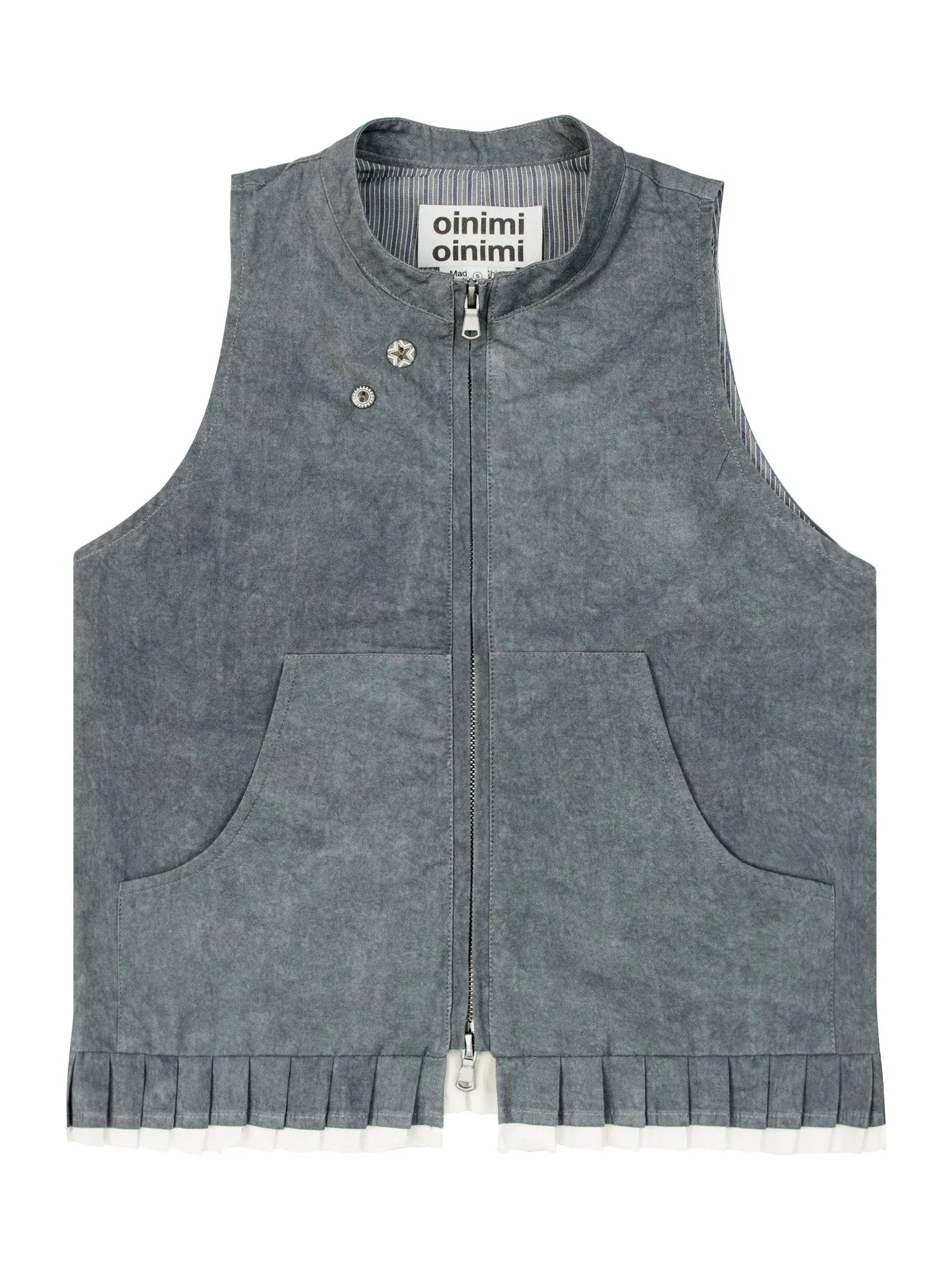 Pleated Mud Dyed Mouse Gray Vest With Raw Hem