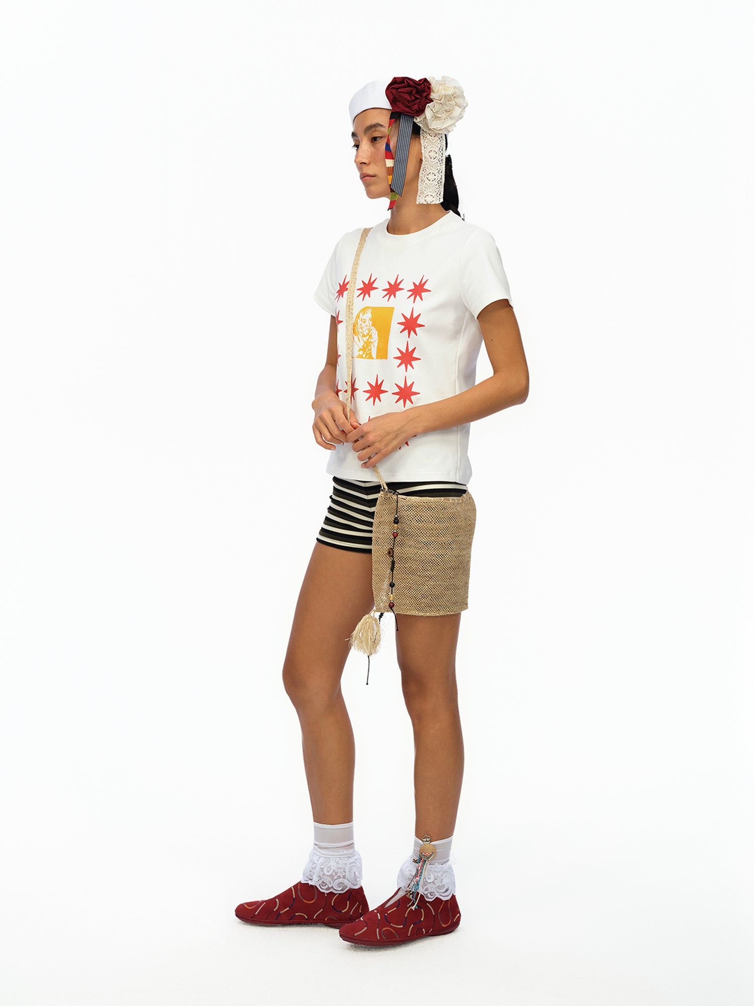 oinimi Pointelle Star Print Fitted Tee V-neck T-shirt Long Sleeve