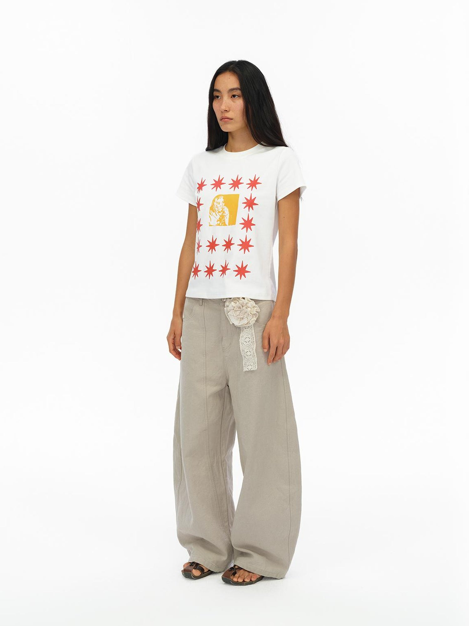 oinimi Pointelle Star Print Fitted Tee V-neck T-shirt Long Sleeve