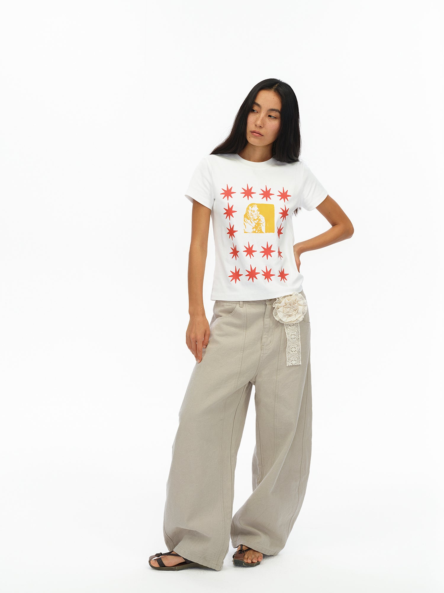 oinimi Pointelle Star Print Fitted Tee V-neck T-shirt Long Sleeve