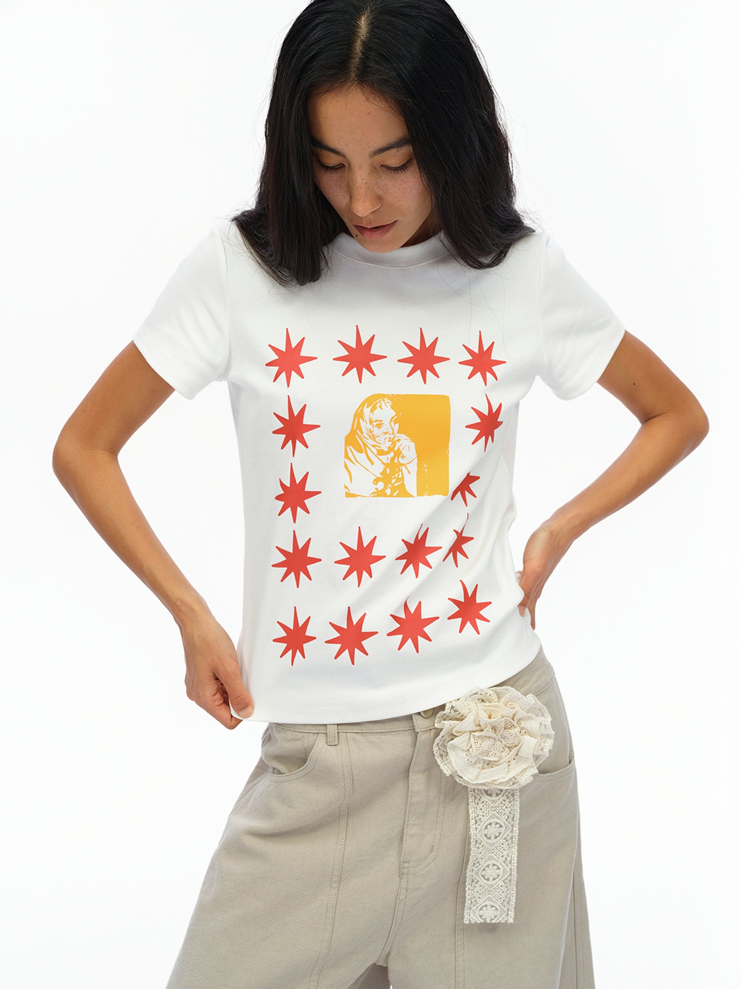 oinimi Pointelle Star Print Fitted Tee V-neck T-shirt Long Sleeve