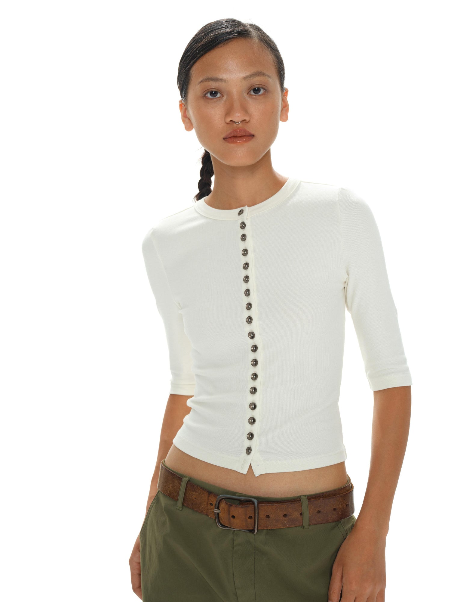 oinimi Rayon Cotton Spandex Slim Fit Tee Mid Sleeve Buttons Front