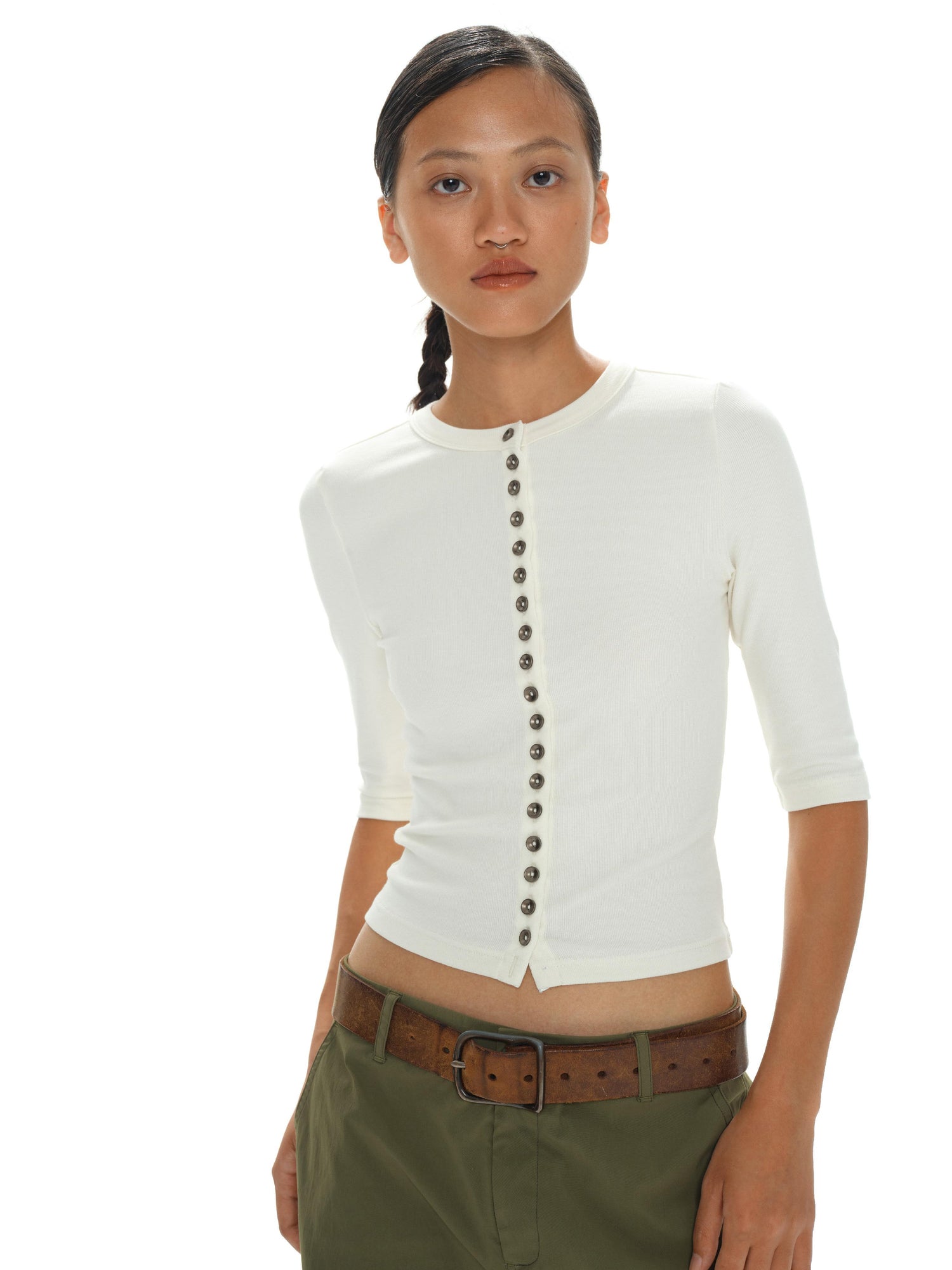 oinimi Rayon Cotton Spandex Slim Fit Tee Mid Sleeve Buttons Front