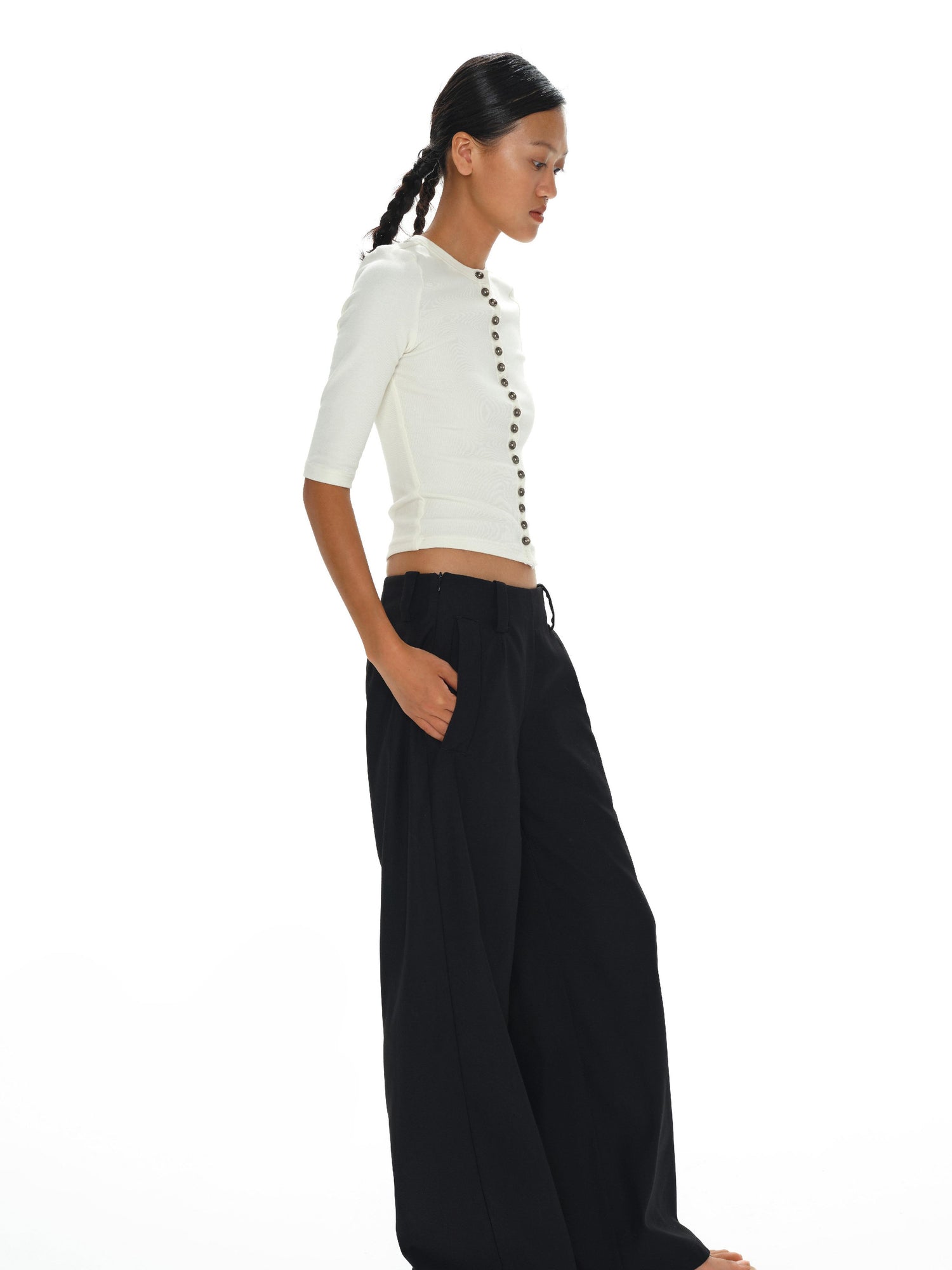 oinimi Rayon Cotton Spandex Slim Fit Tee Mid Sleeve Buttons Front