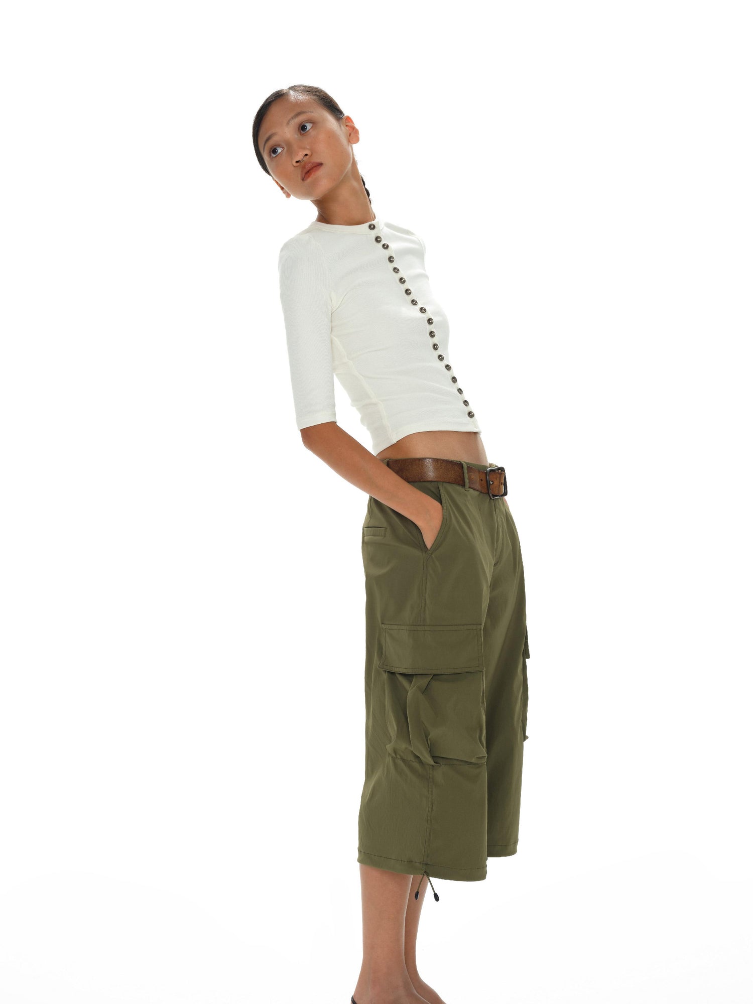 oinimi Rayon Cotton Spandex Slim Fit Tee Mid Sleeve Buttons Front
