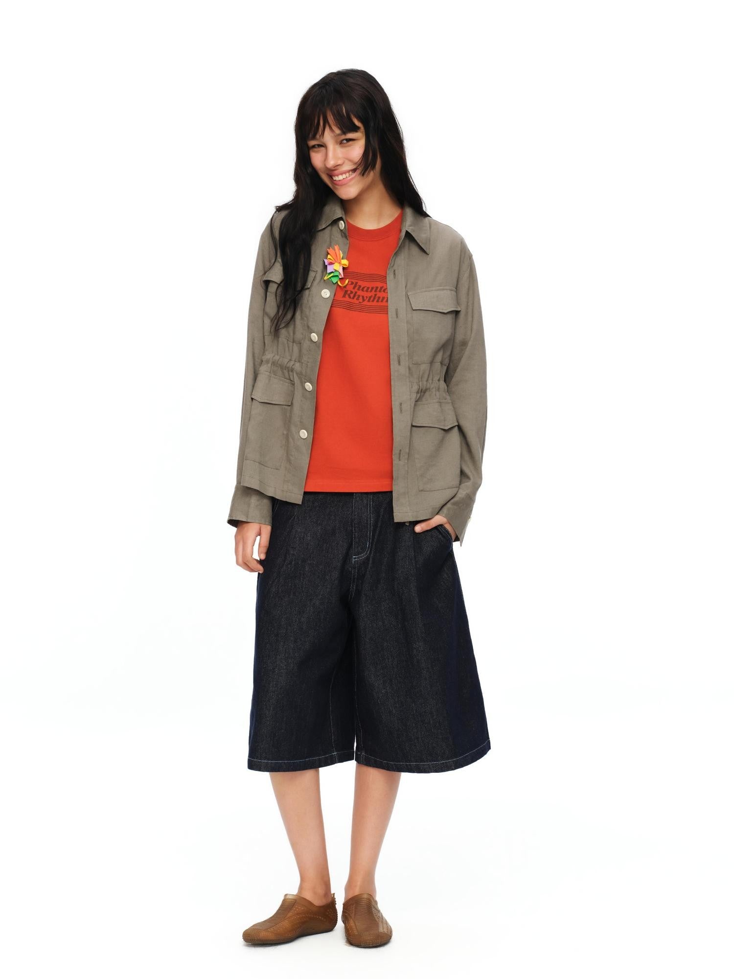oinimi Rolled Sleeve Hunter Jacket Waist Cinch Women&