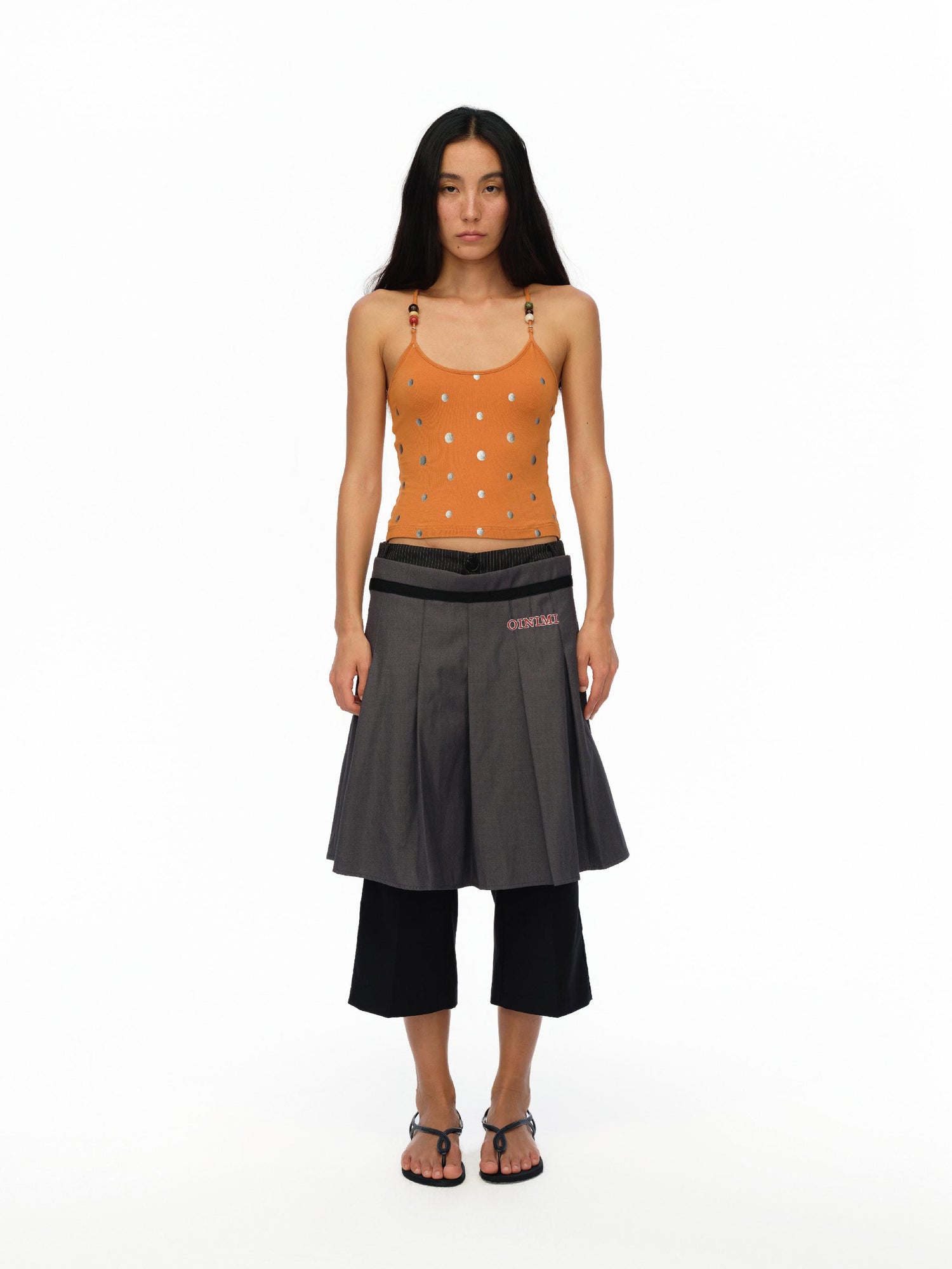 oinimi Silver Gradient Dot Orange Beaded Strappy Tank Top
