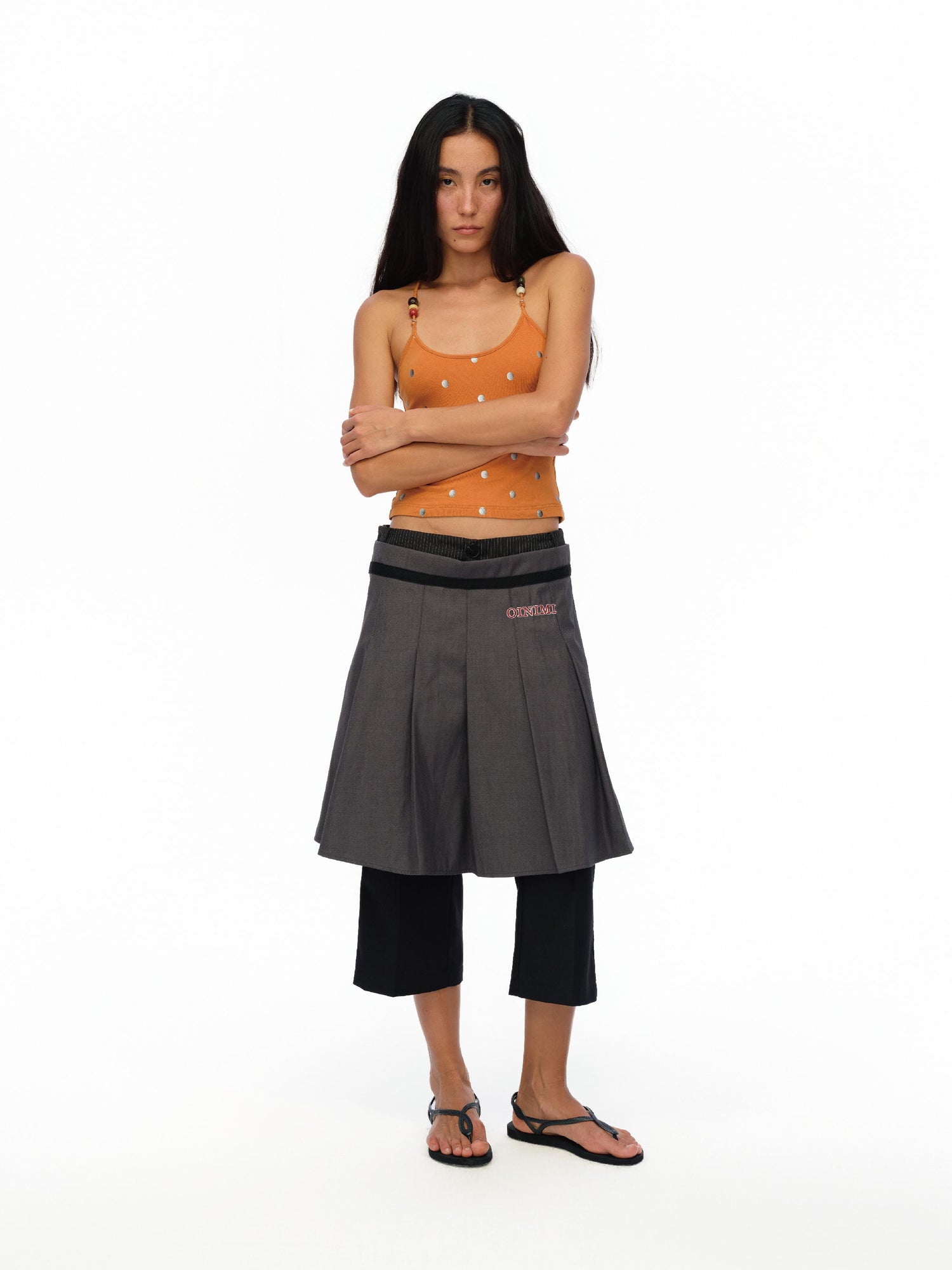 oinimi Silver Gradient Dot Orange Beaded Strappy Tank Top