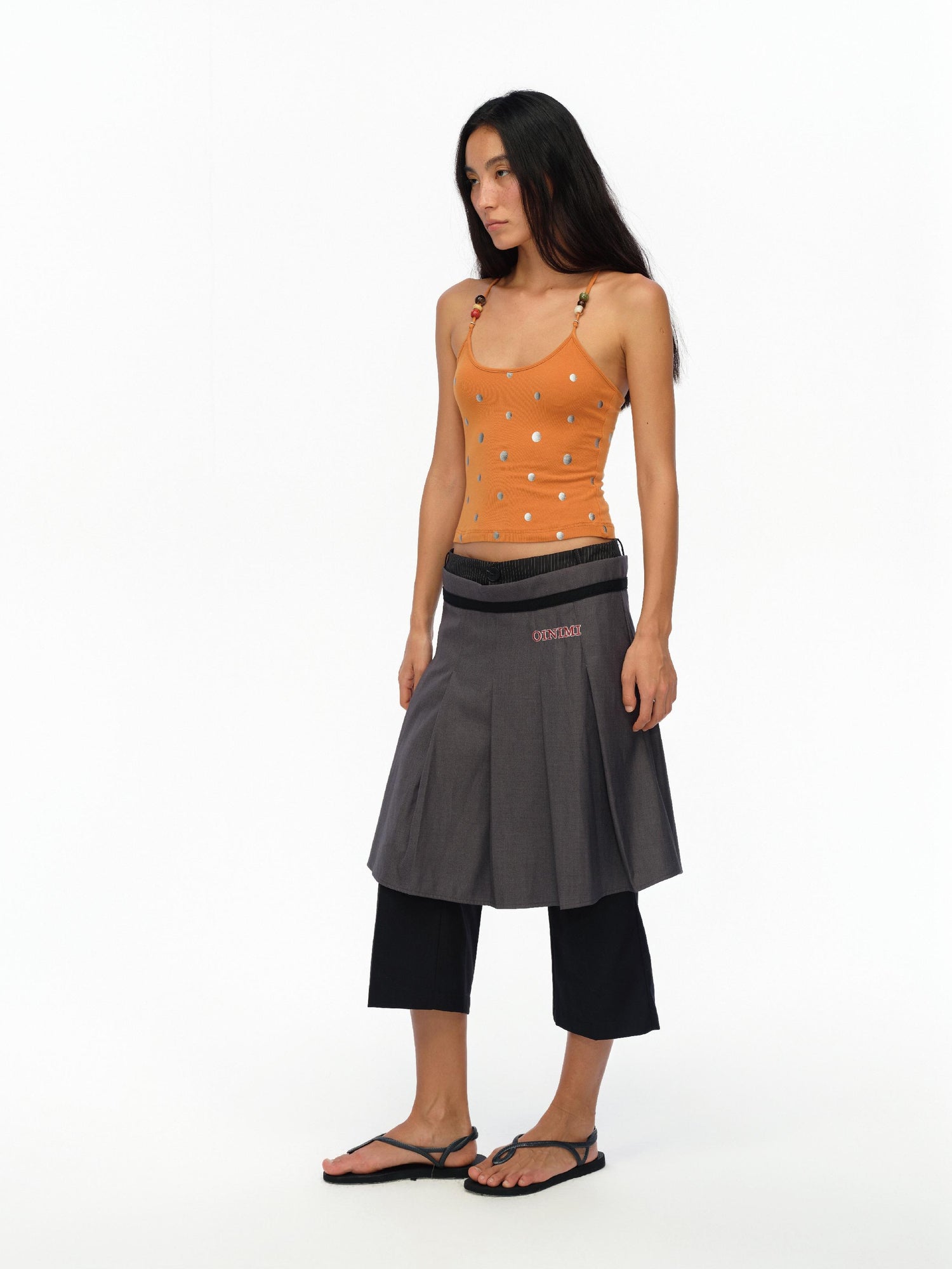 oinimi Silver Gradient Dot Orange Beaded Strappy Tank Top