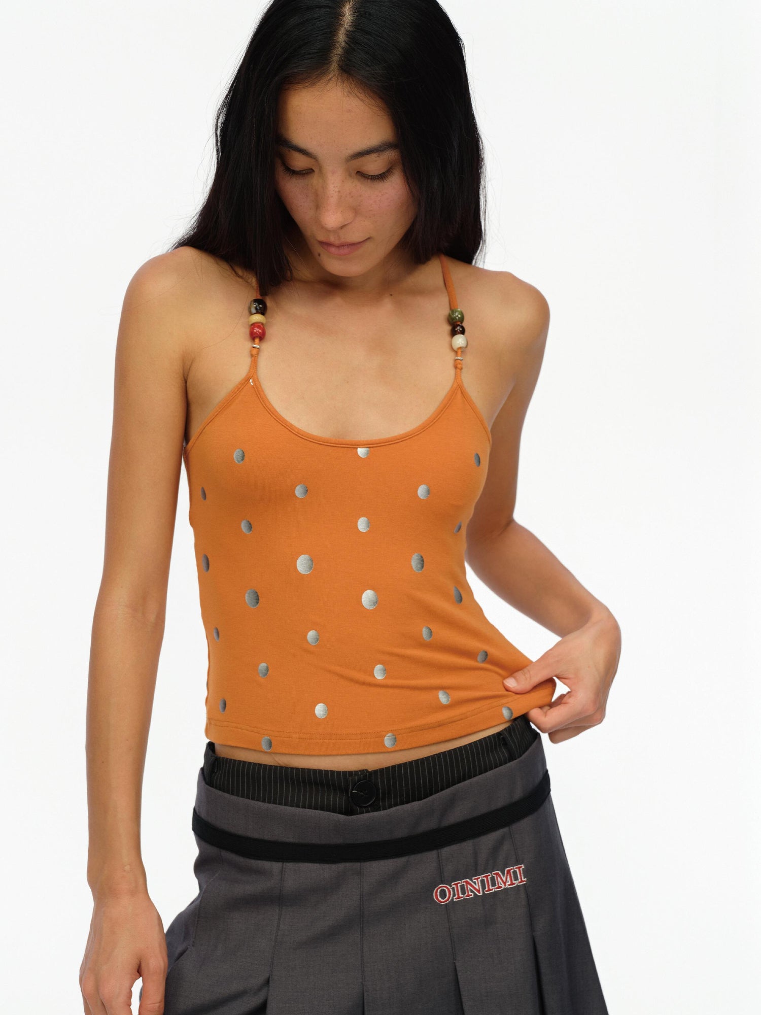 oinimi Silver Gradient Dot Orange Beaded Strappy Tank Top