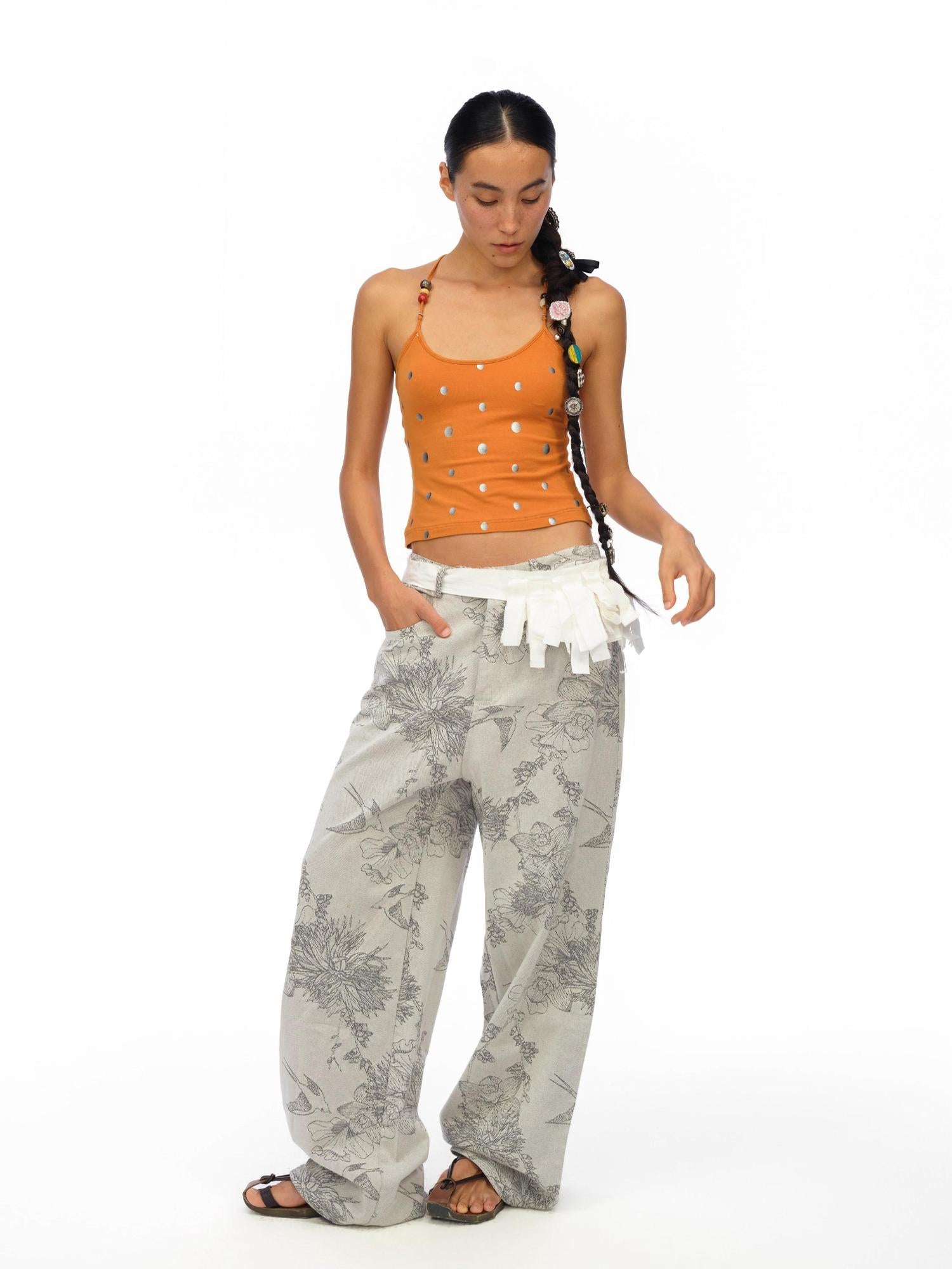 oinimi Silver Gradient Dot Orange Beaded Strappy Tank Top