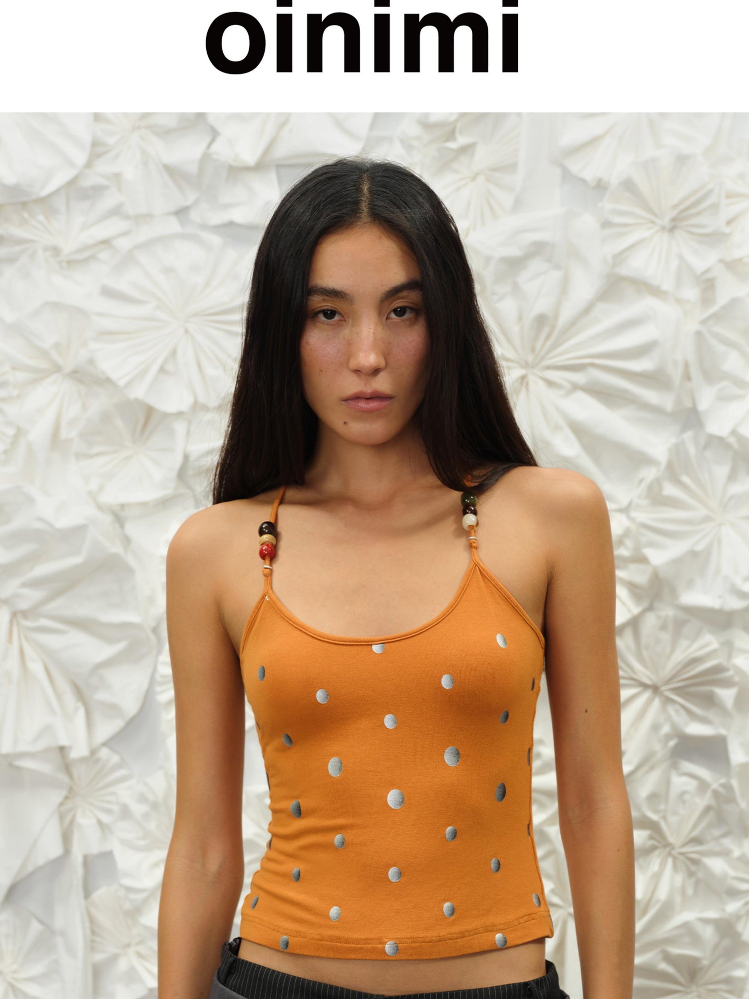 oinimi Silver Gradient Dot Orange Beaded Strappy Tank Top