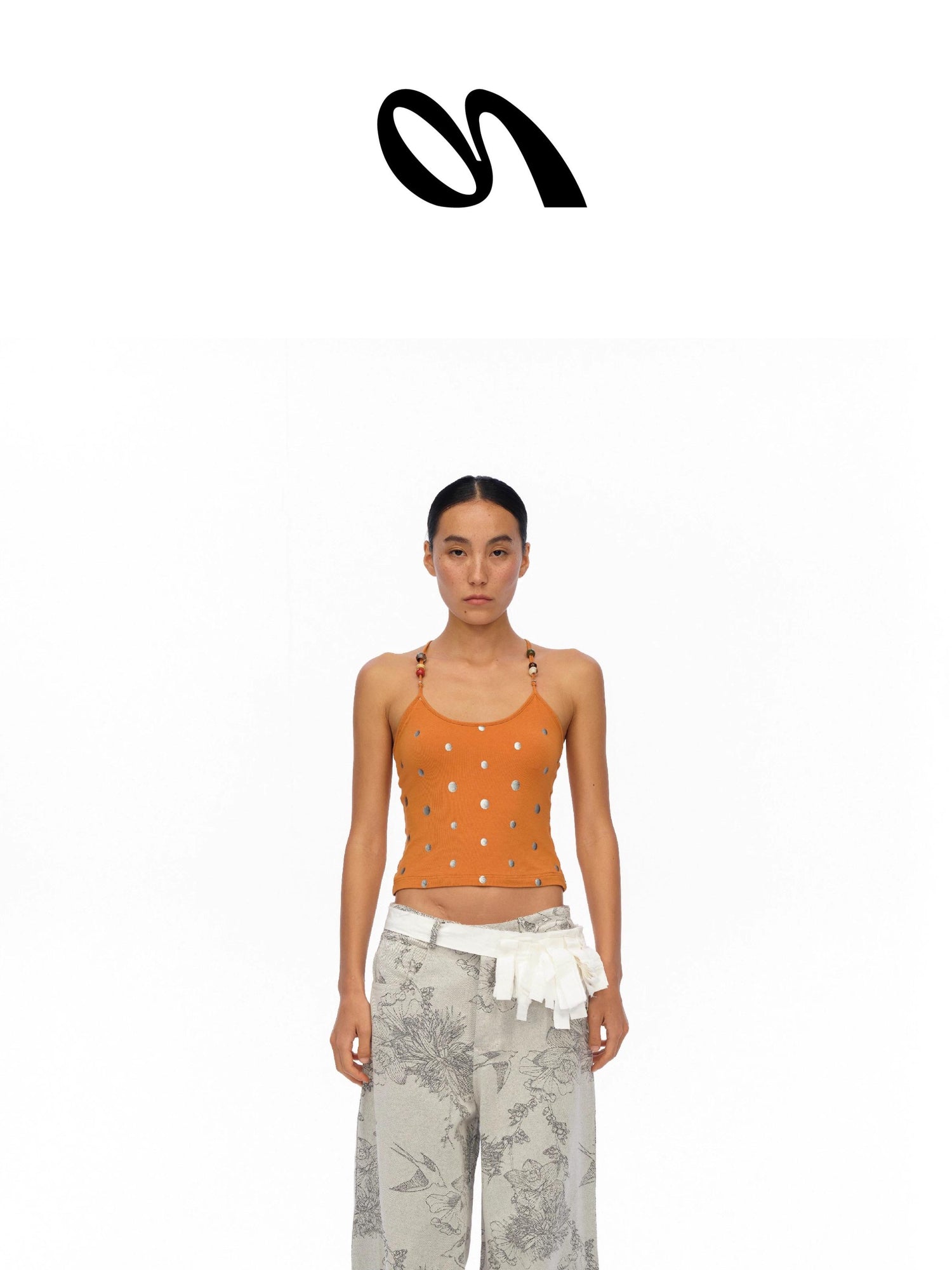 oinimi Silver Gradient Dot Orange Beaded Strappy Tank Top