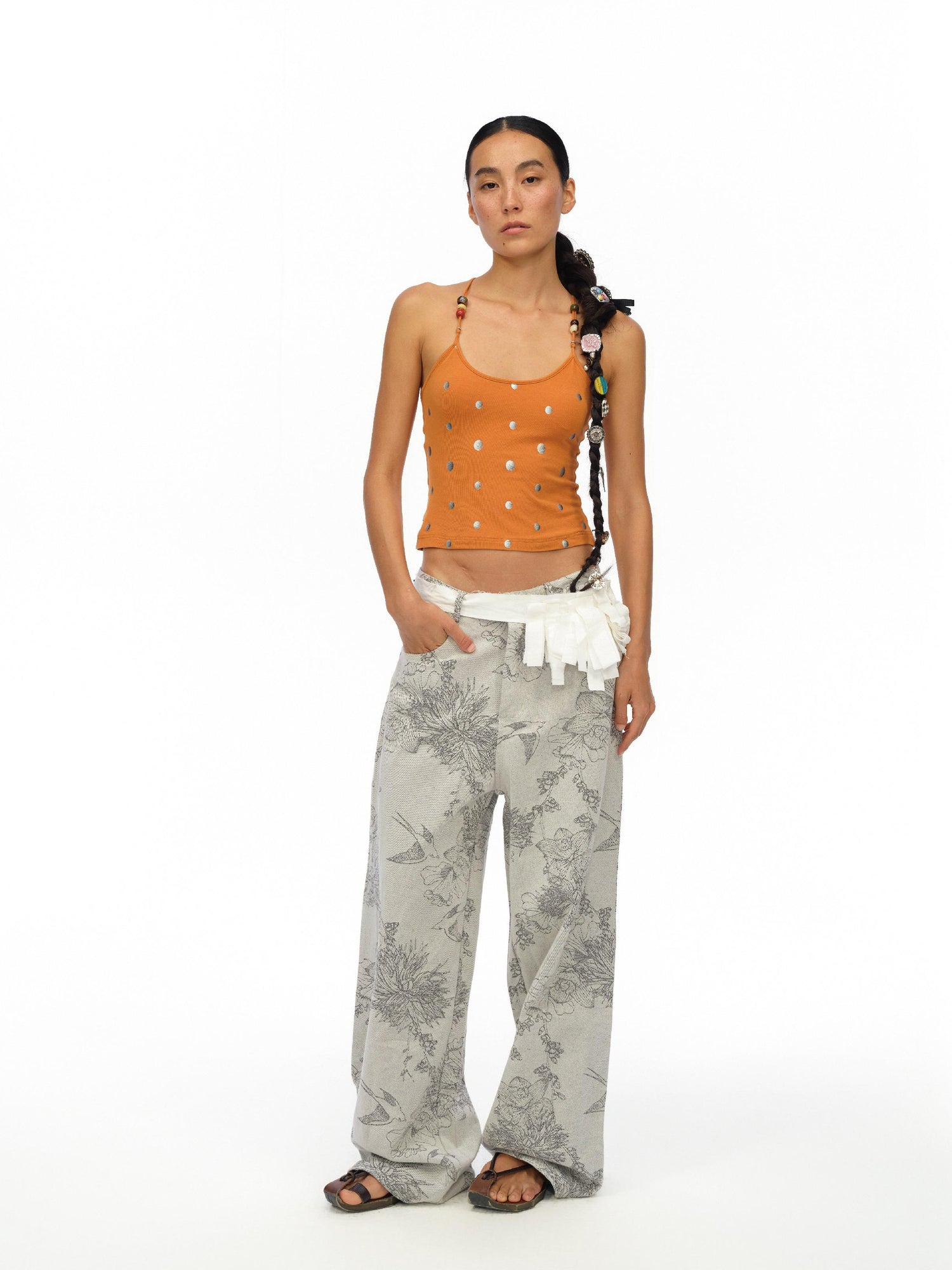 oinimi Silver Gradient Dot Orange Beaded Strappy Tank Top