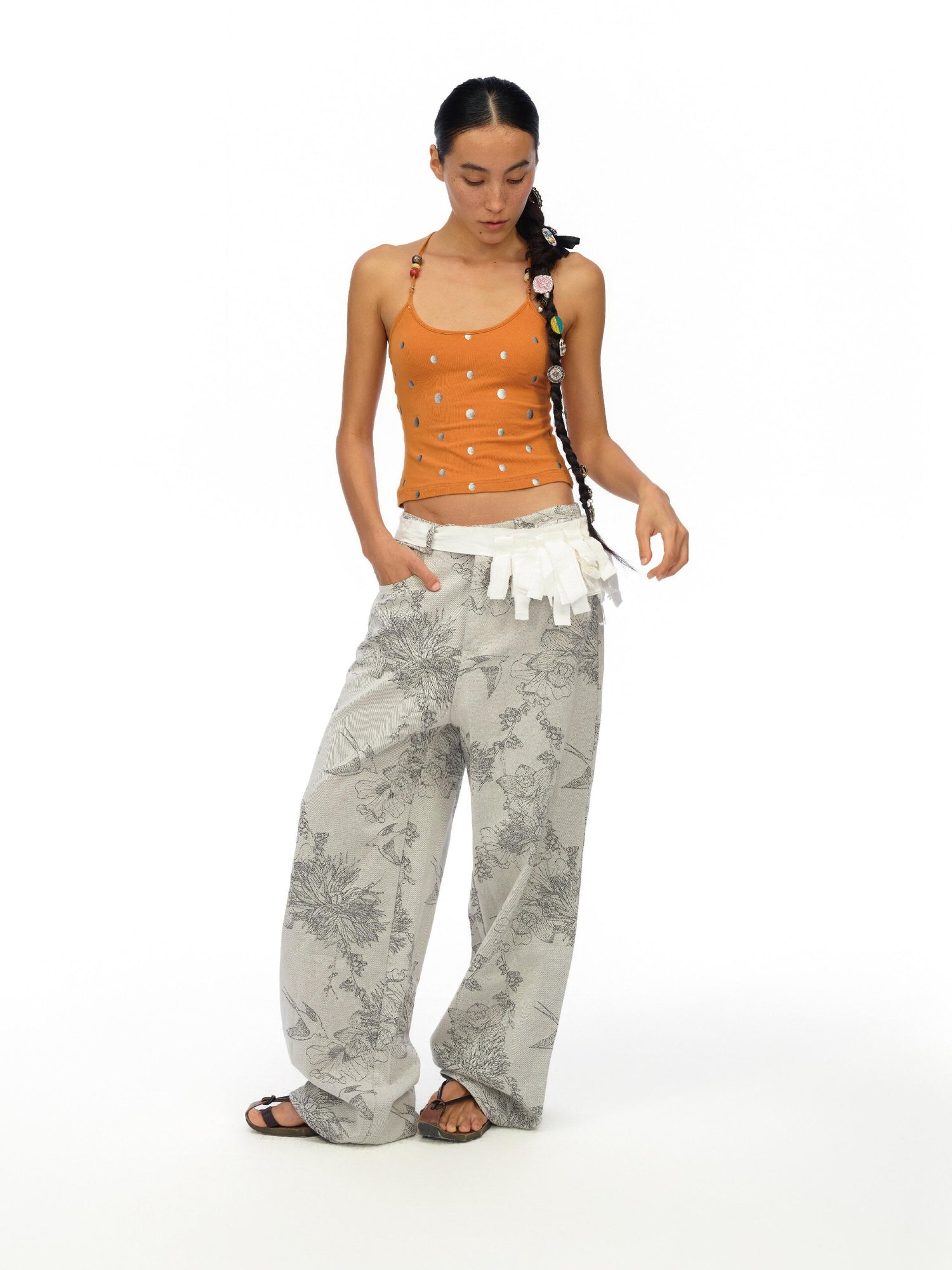 oinimi Silver Gradient Dot Orange Beaded Strappy Tank Top