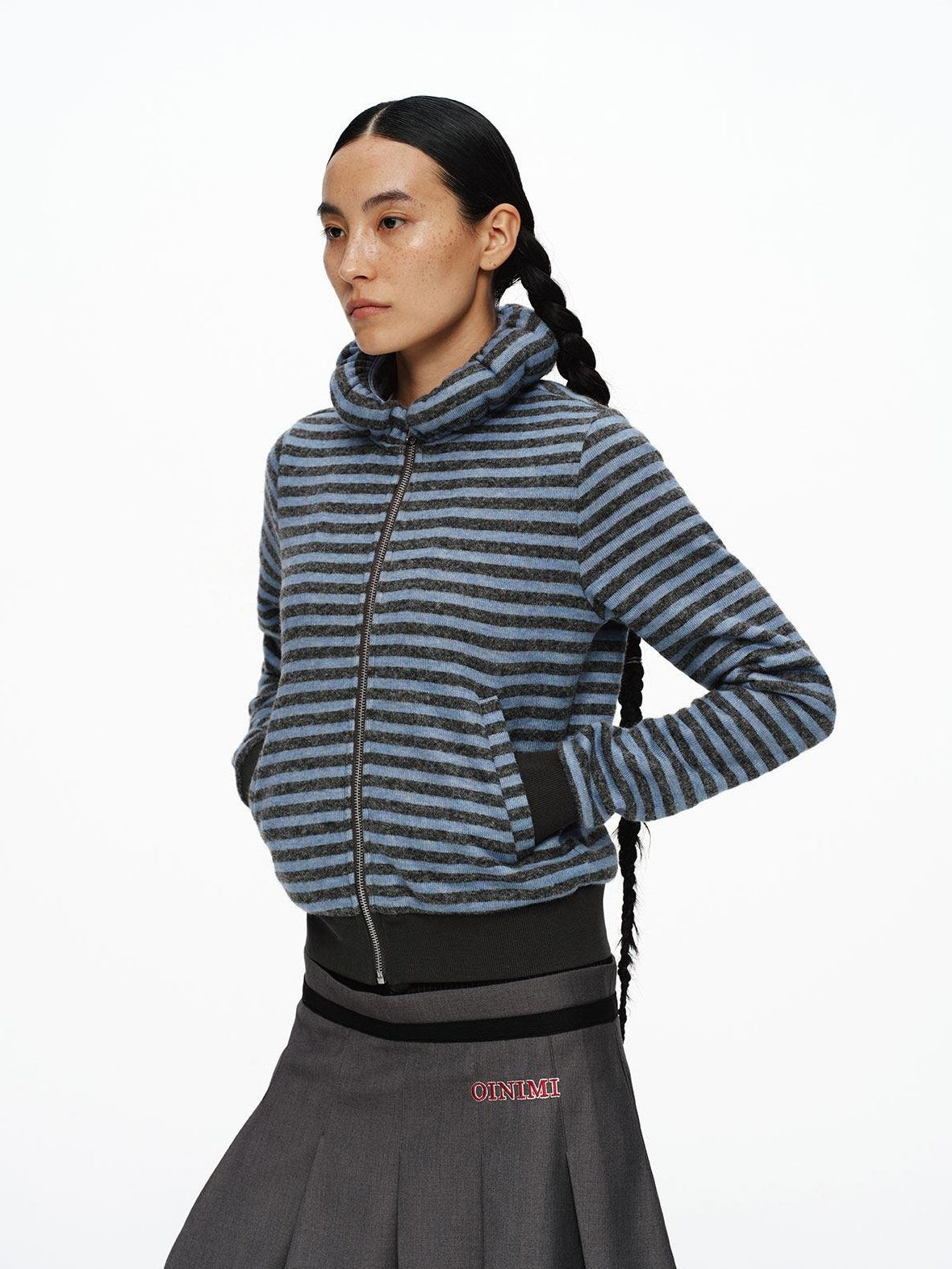 oinimi Slim Striped Zip Hooded Cardigan Minimal Commuter Unisex Hoodies