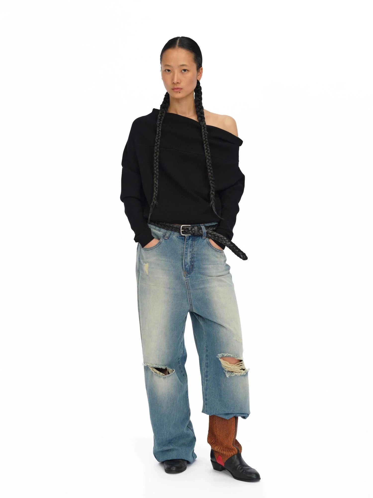 Soft Sculpted Draped Asymmetrical Knit Sweater