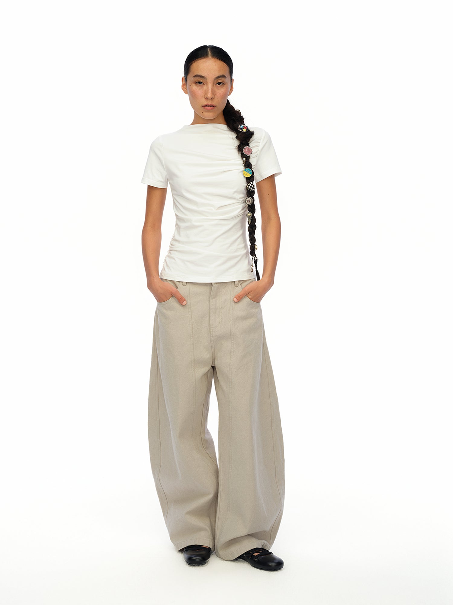 oinimi Soft Sculpted Pleated Tee Fitted Waist