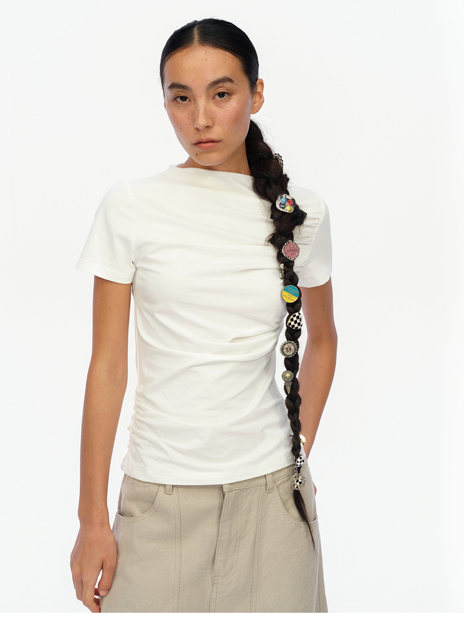 oinimi Soft Sculpted Pleated Tee Fitted Waist