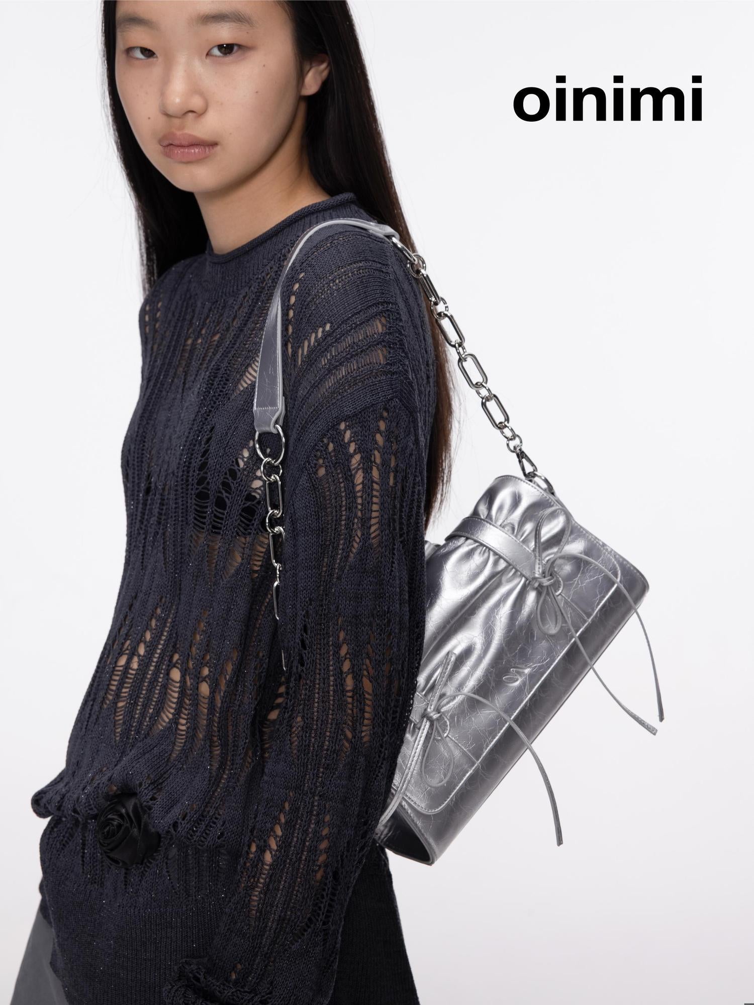 oinimi Soft Sculpture Pleated Butterfly Knot Cambridge Bag Silver Black