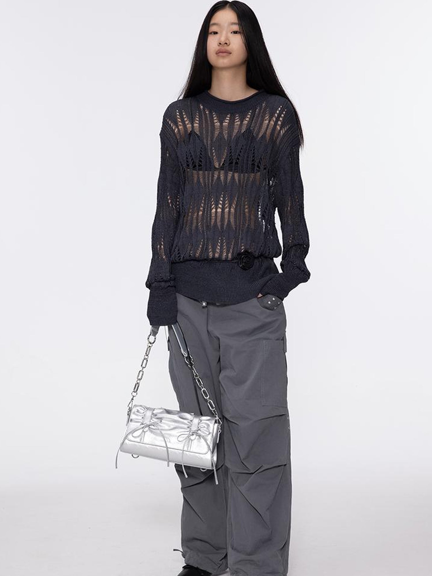 oinimi Soft Sculpture Pleated Butterfly Knot Cambridge Bag Silver Black