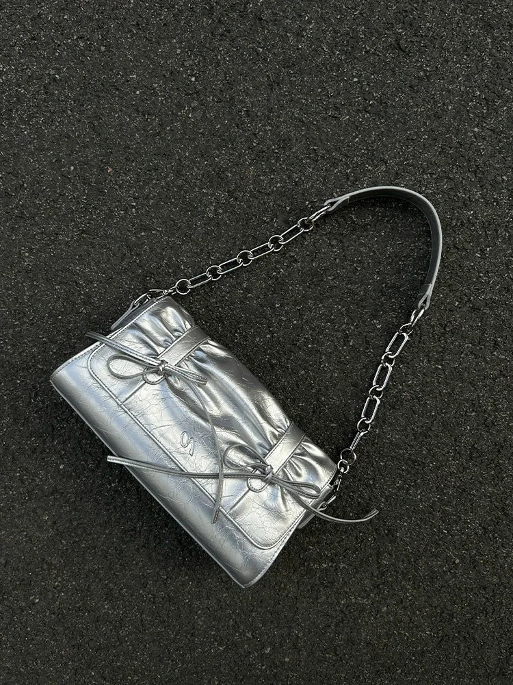 Soft Sculpture Pleated Butterfly Knot Cambridge Bag Silver Black