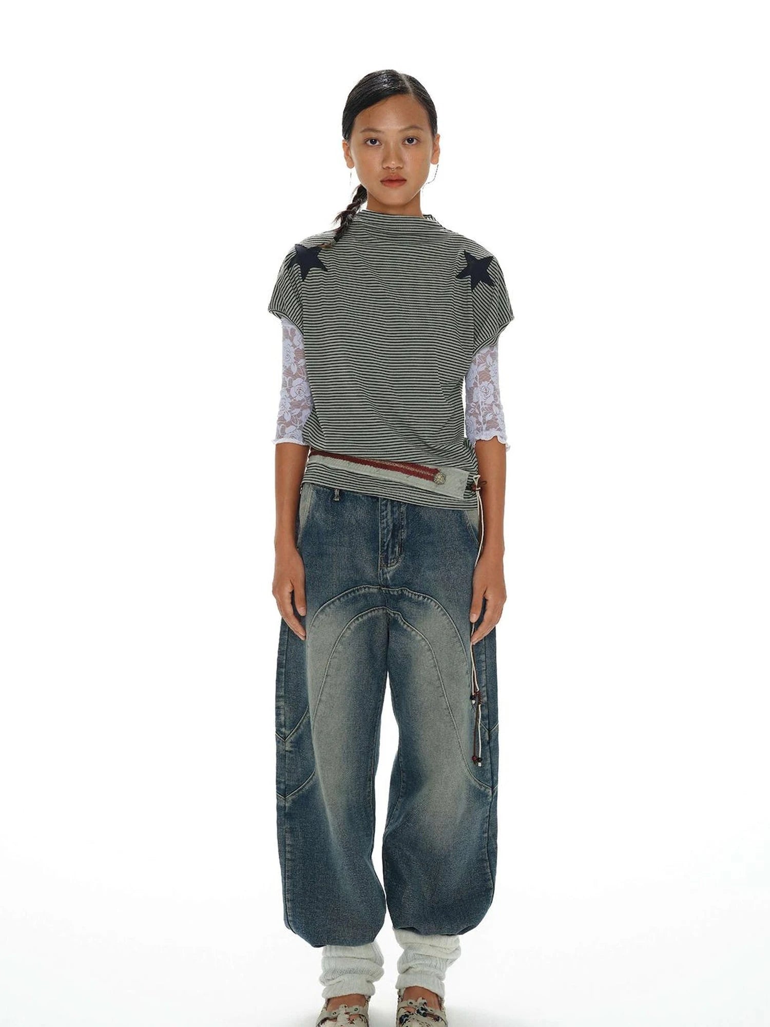 oinimi T-shirt à col rond en patchwork Stars and Stripes