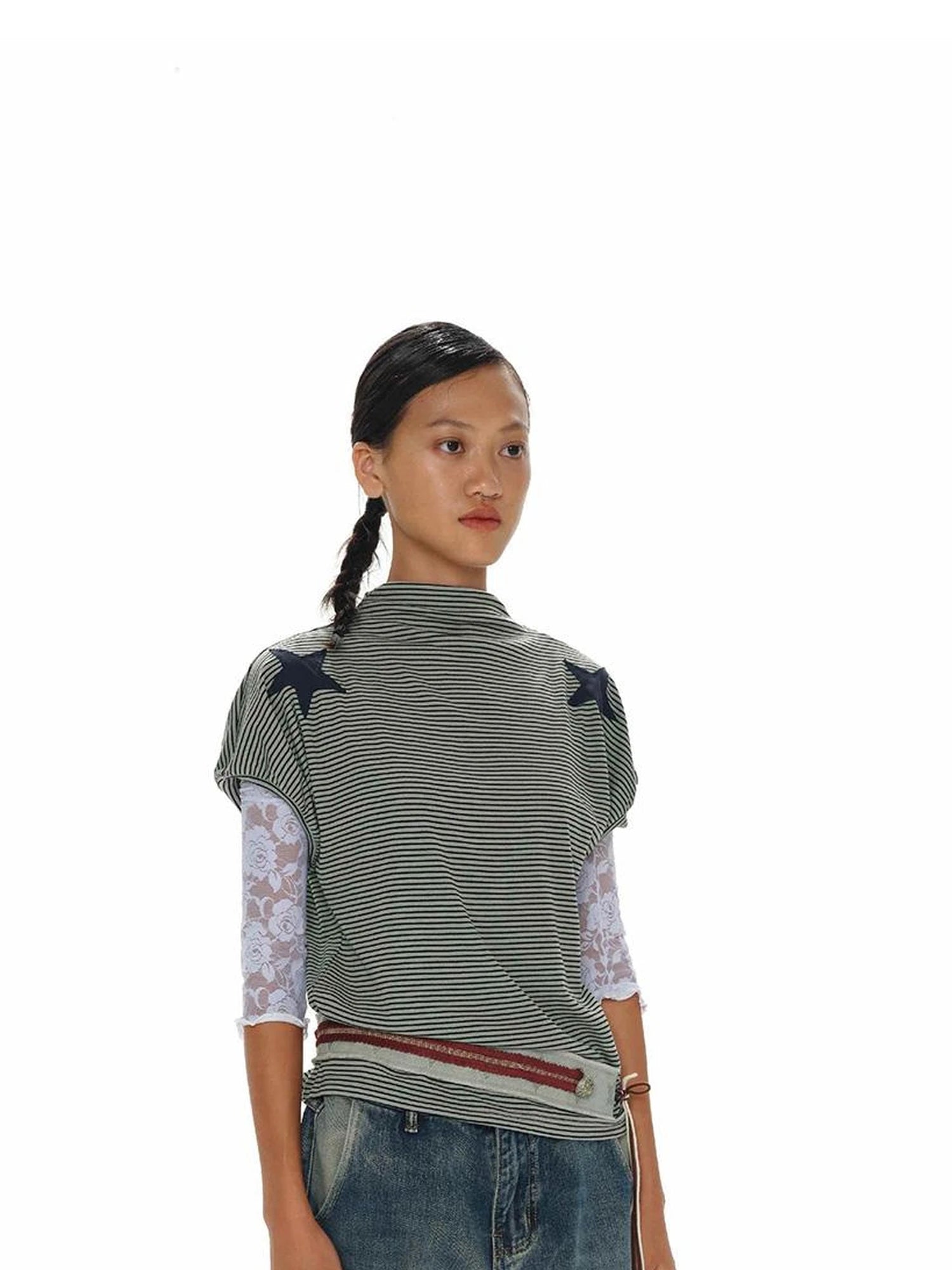 oinimi T-shirt à col rond en patchwork Stars and Stripes