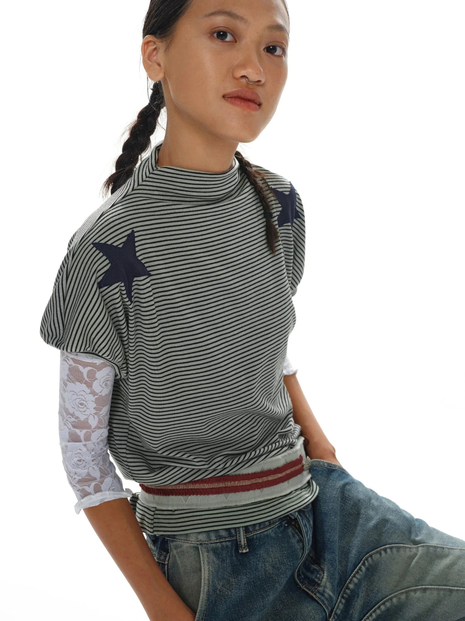 oinimi T-shirt à col rond en patchwork Stars and Stripes