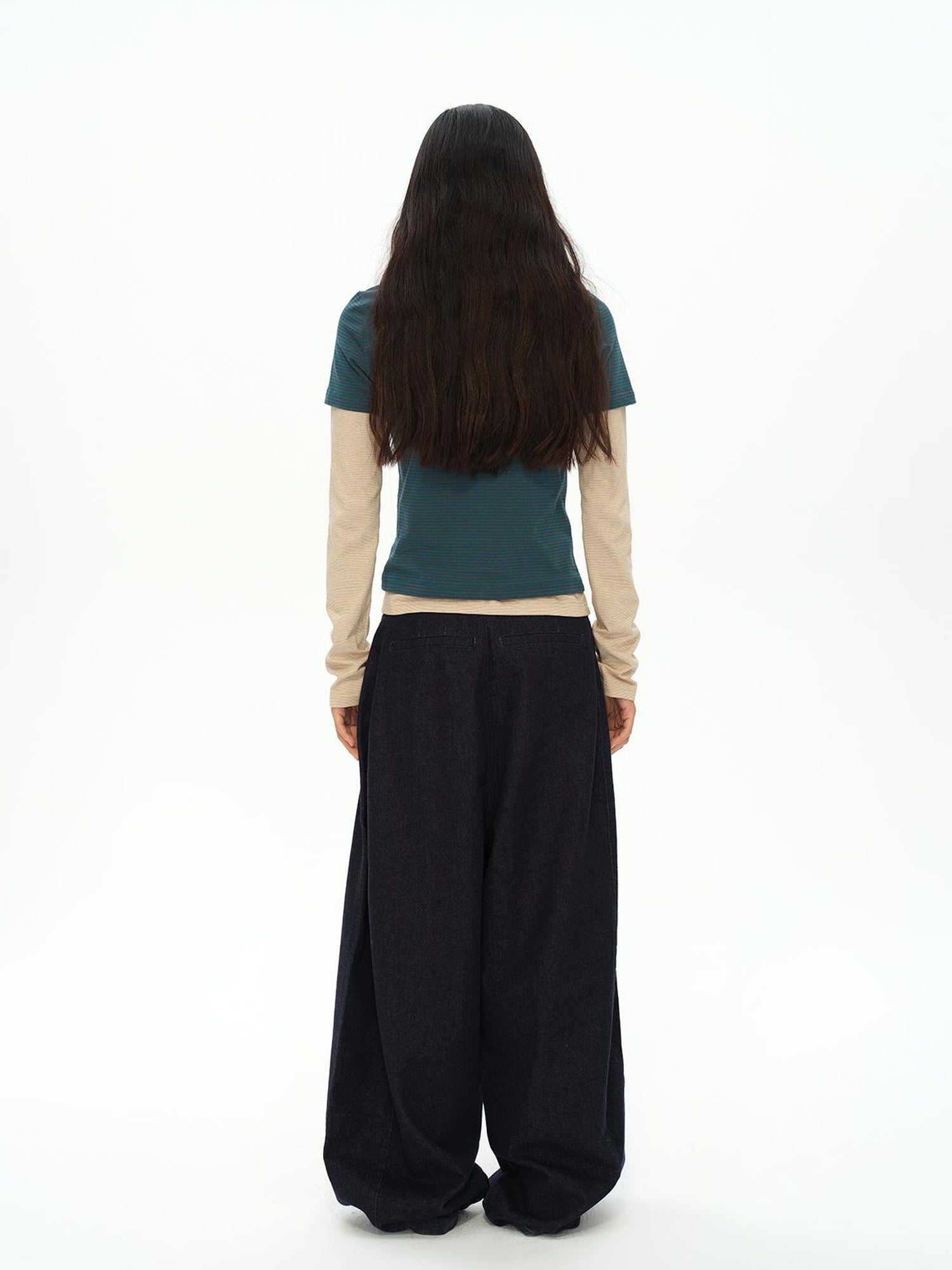 oinimi Striped Blue Apricot Contrast Collar Layered Tee