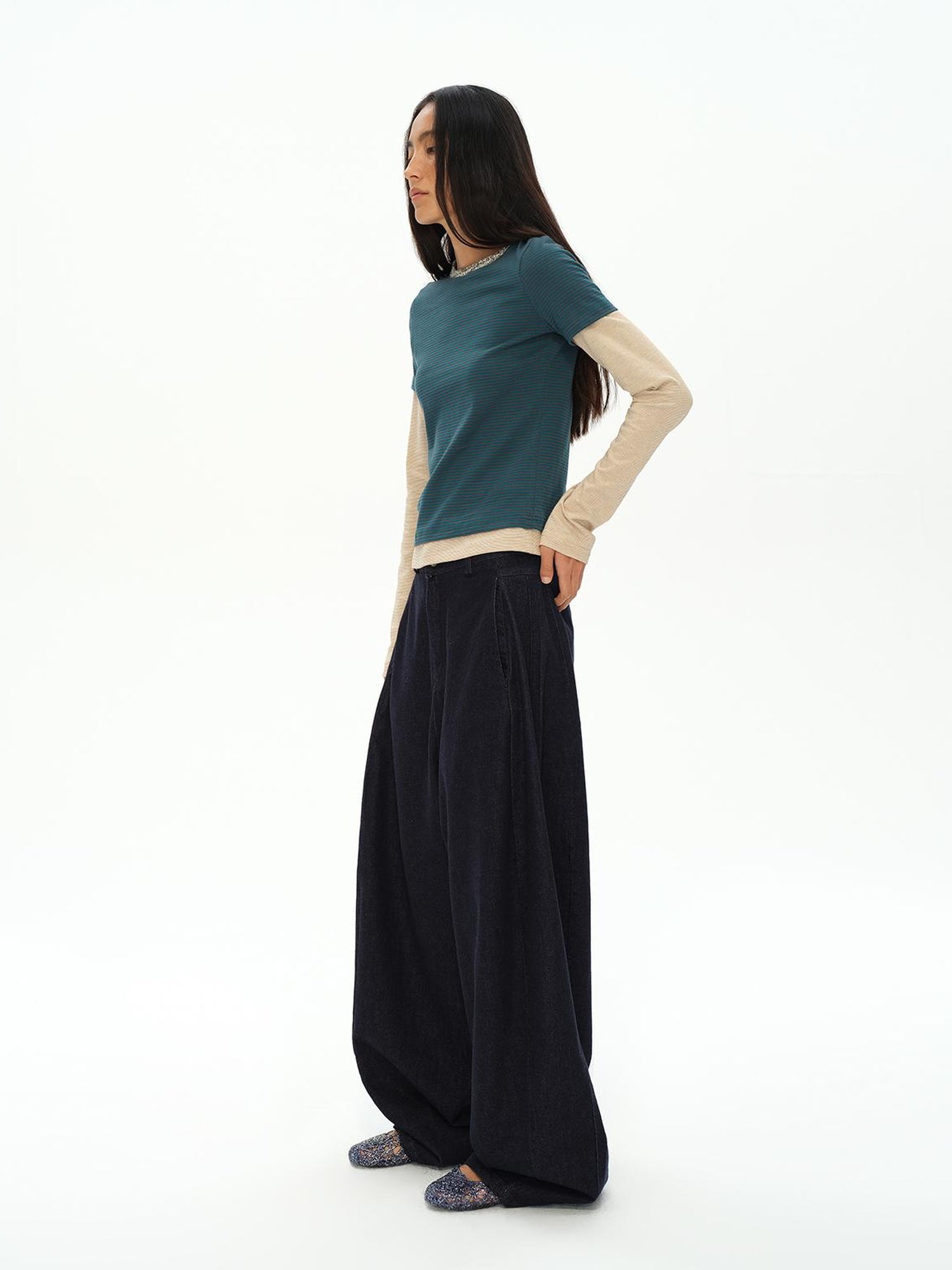 oinimi Striped Blue Apricot Contrast Collar Layered Tee
