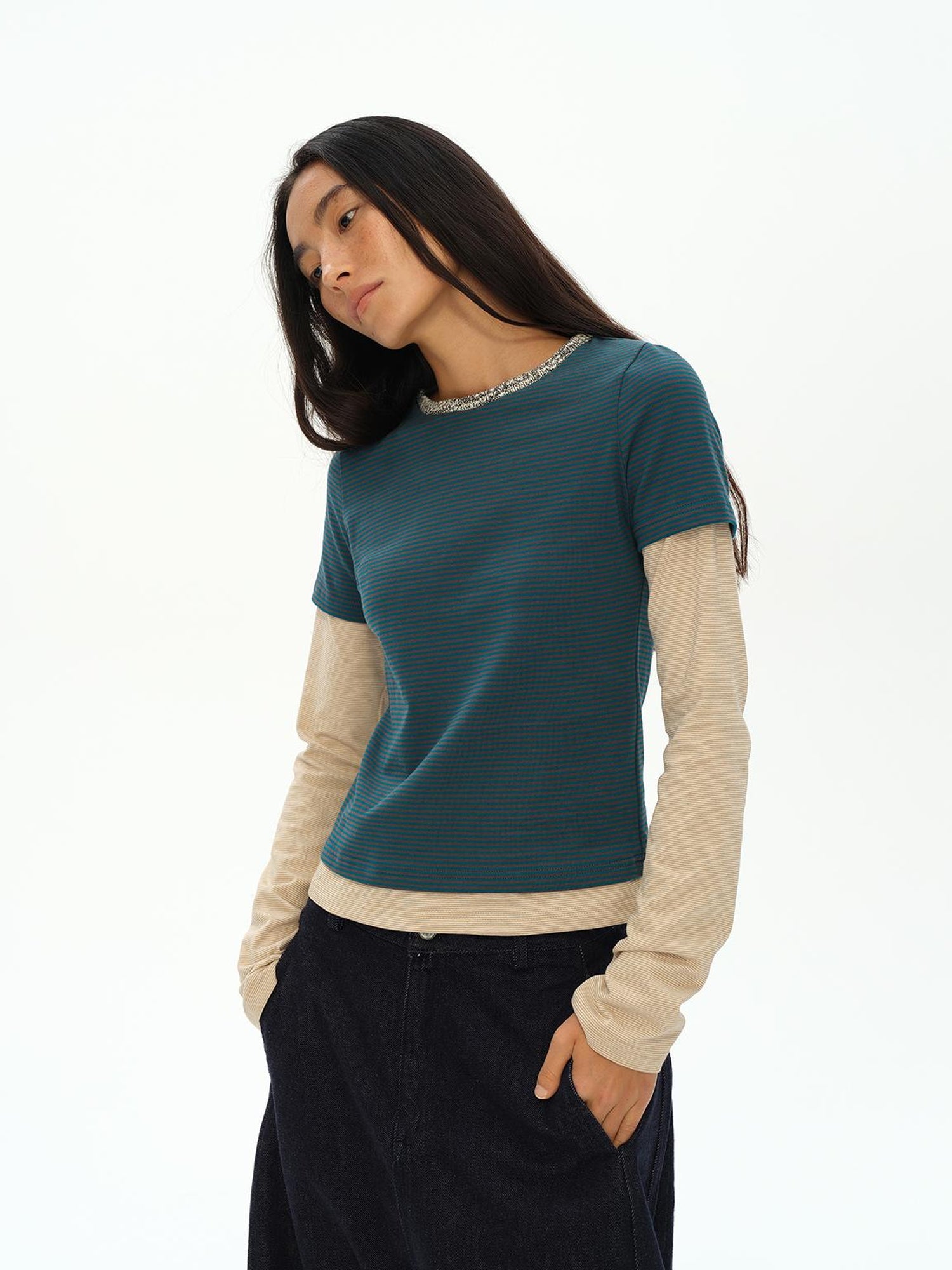 oinimi Striped Blue Apricot Contrast Collar Layered Tee