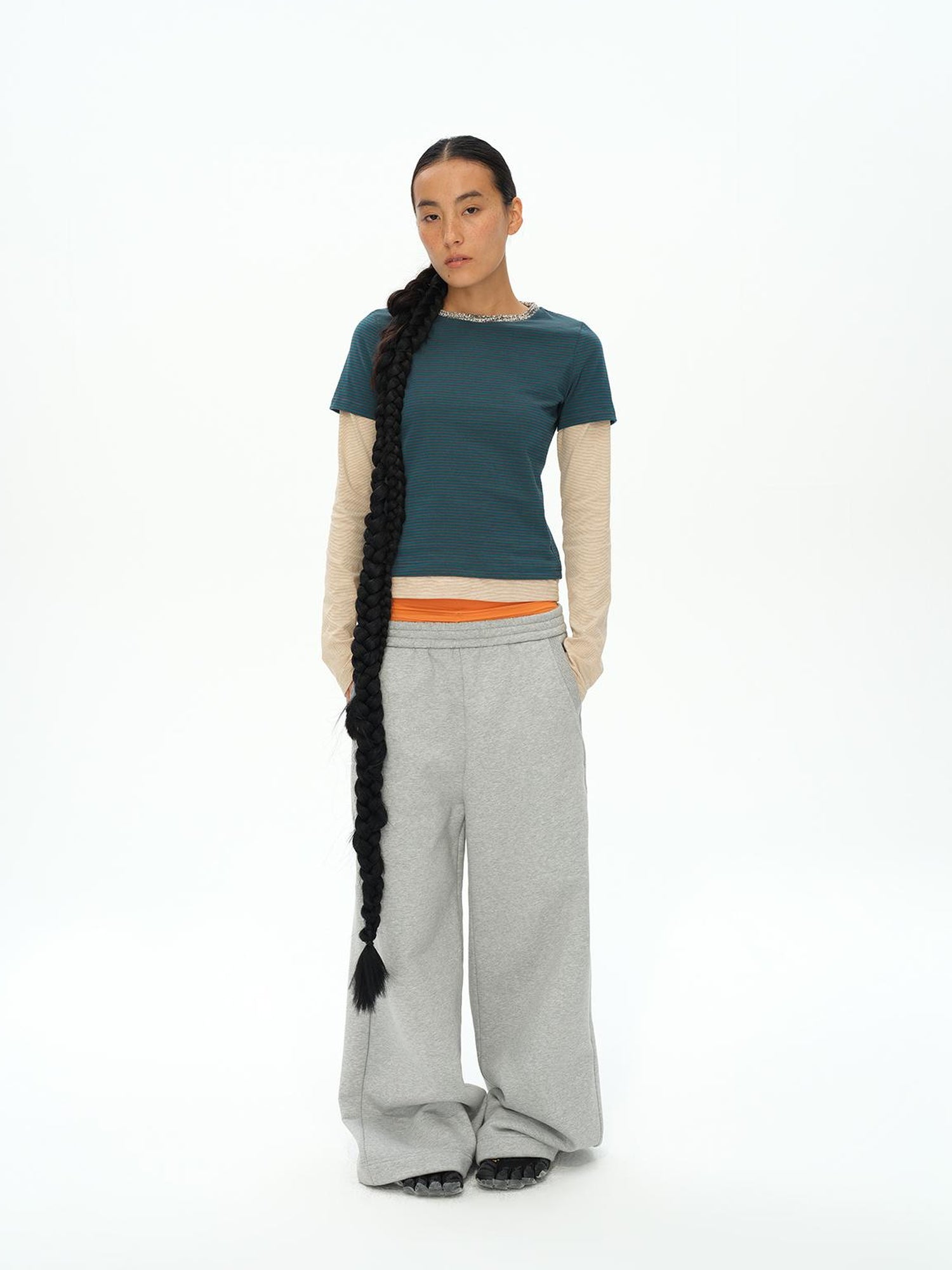 oinimi Striped Blue Apricot Contrast Collar Layered Tee