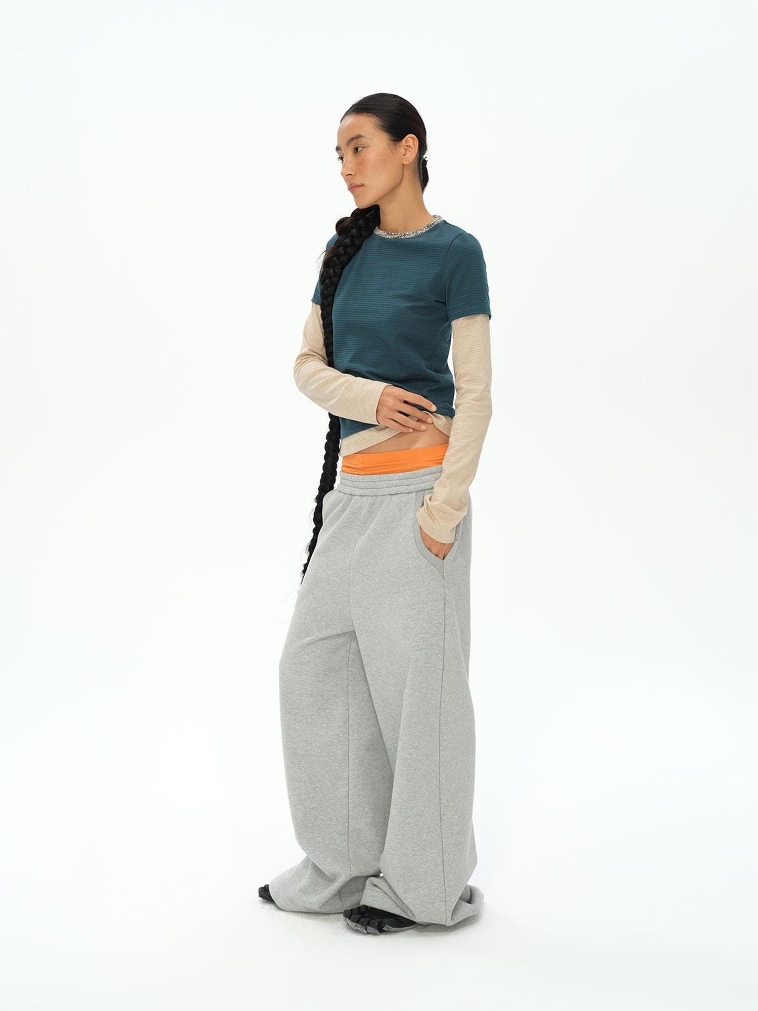 oinimi Striped Blue Apricot Contrast Collar Layered Tee