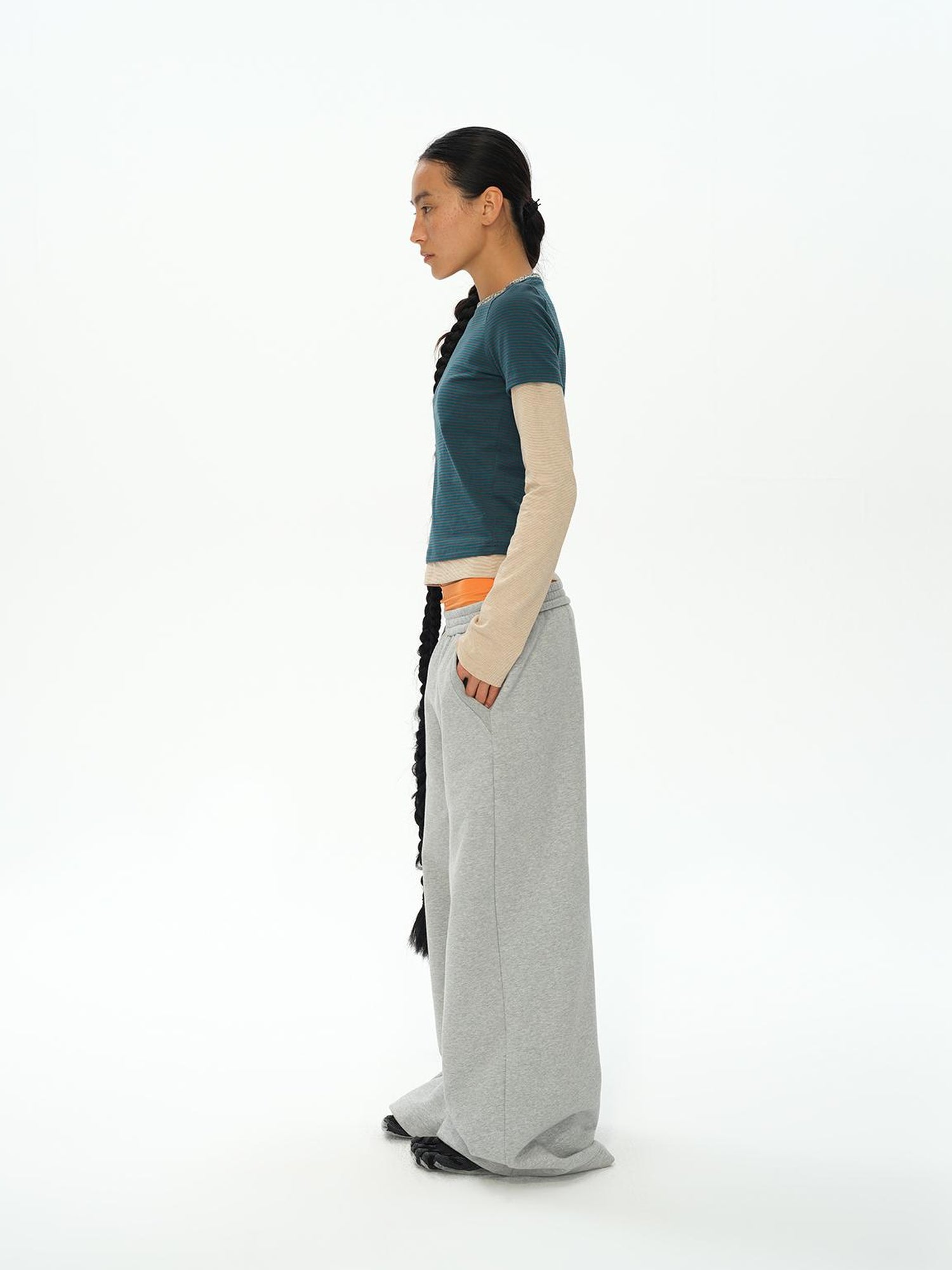 oinimi Striped Blue Apricot Contrast Collar Layered Tee