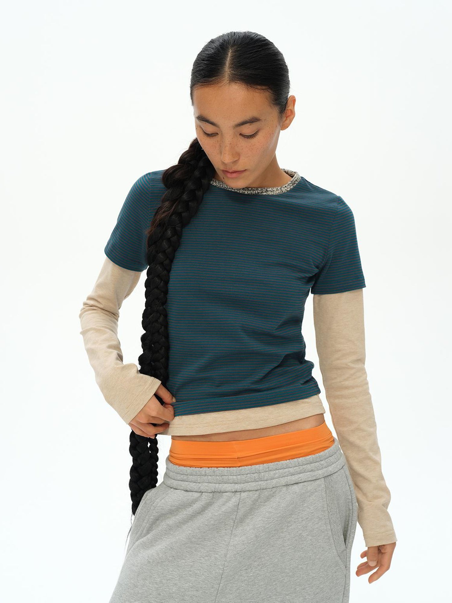 oinimi Striped Blue Apricot Contrast Collar Layered Tee
