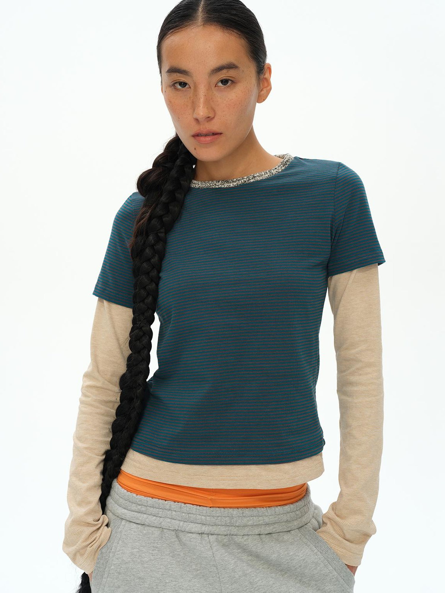 oinimi Striped Blue Apricot Contrast Collar Layered Tee
