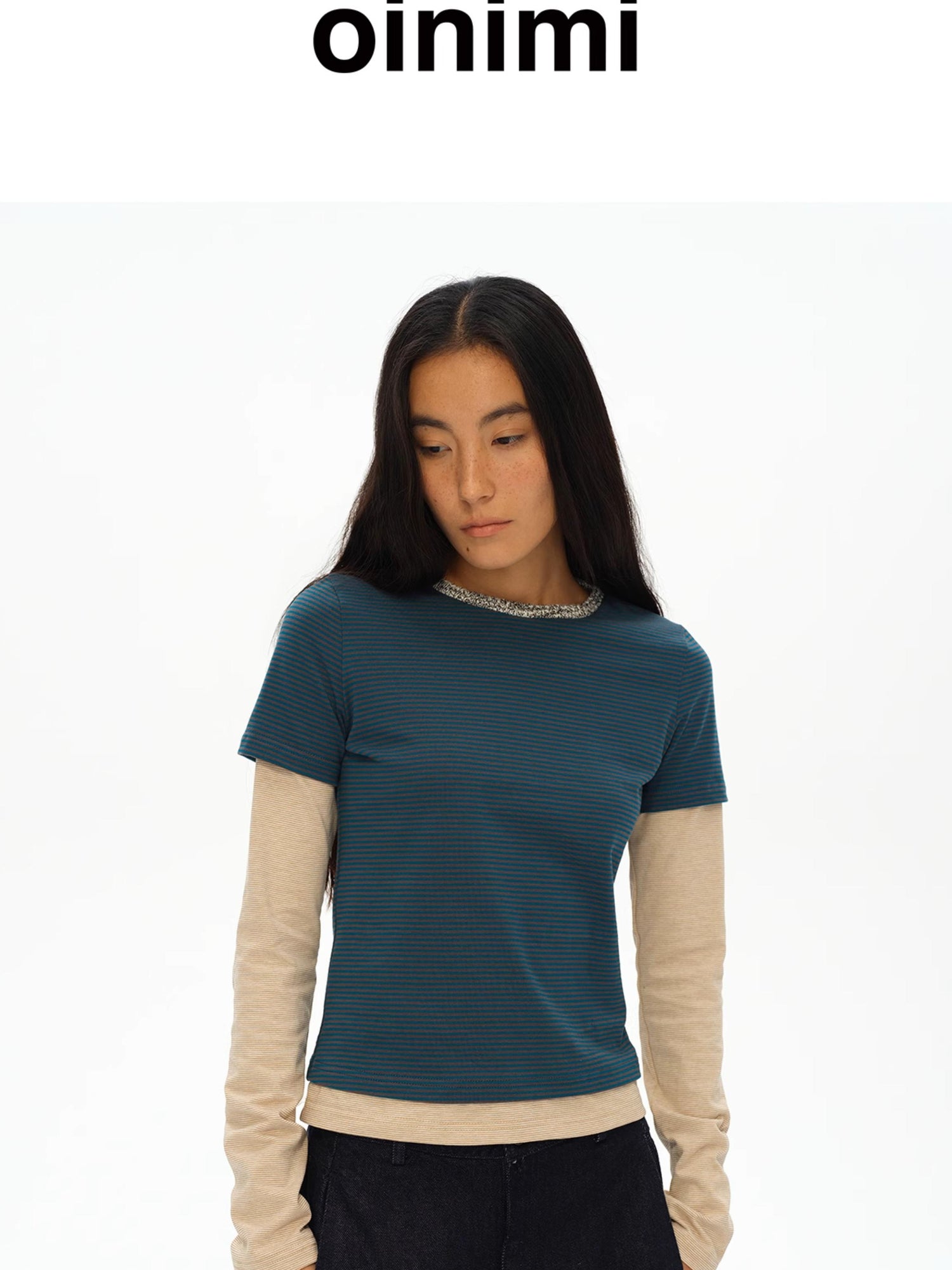 oinimi Striped Blue Apricot Contrast Collar Layered Tee