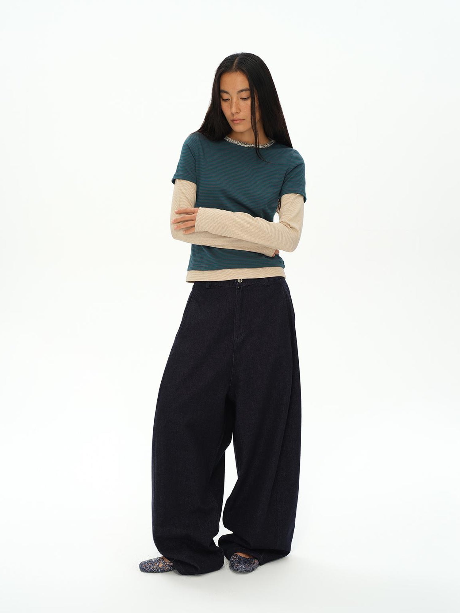oinimi Striped Blue Apricot Contrast Collar Layered Tee