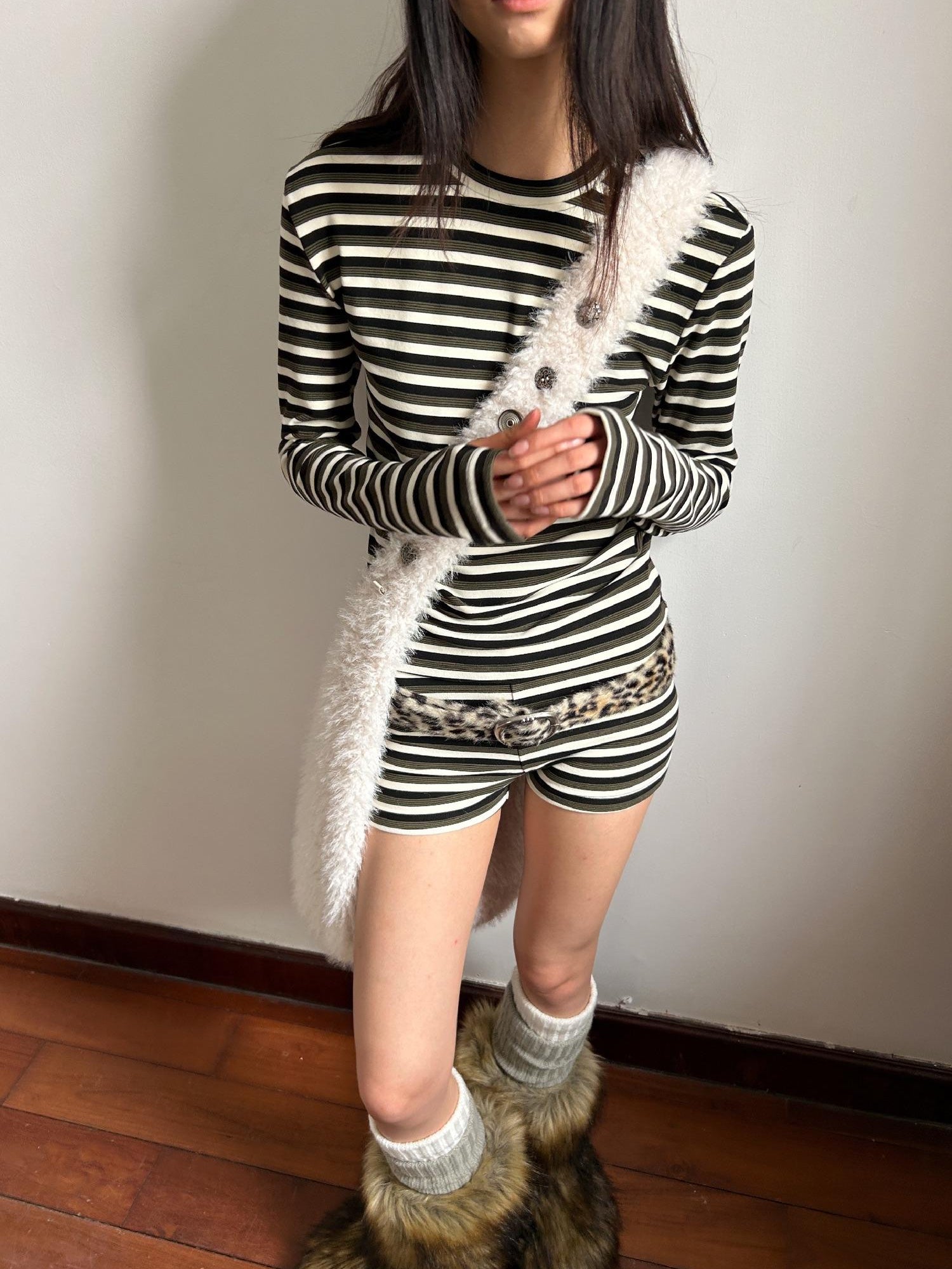 oinimi Thermal Striped Long Sleeve Round Neck T-Shirt