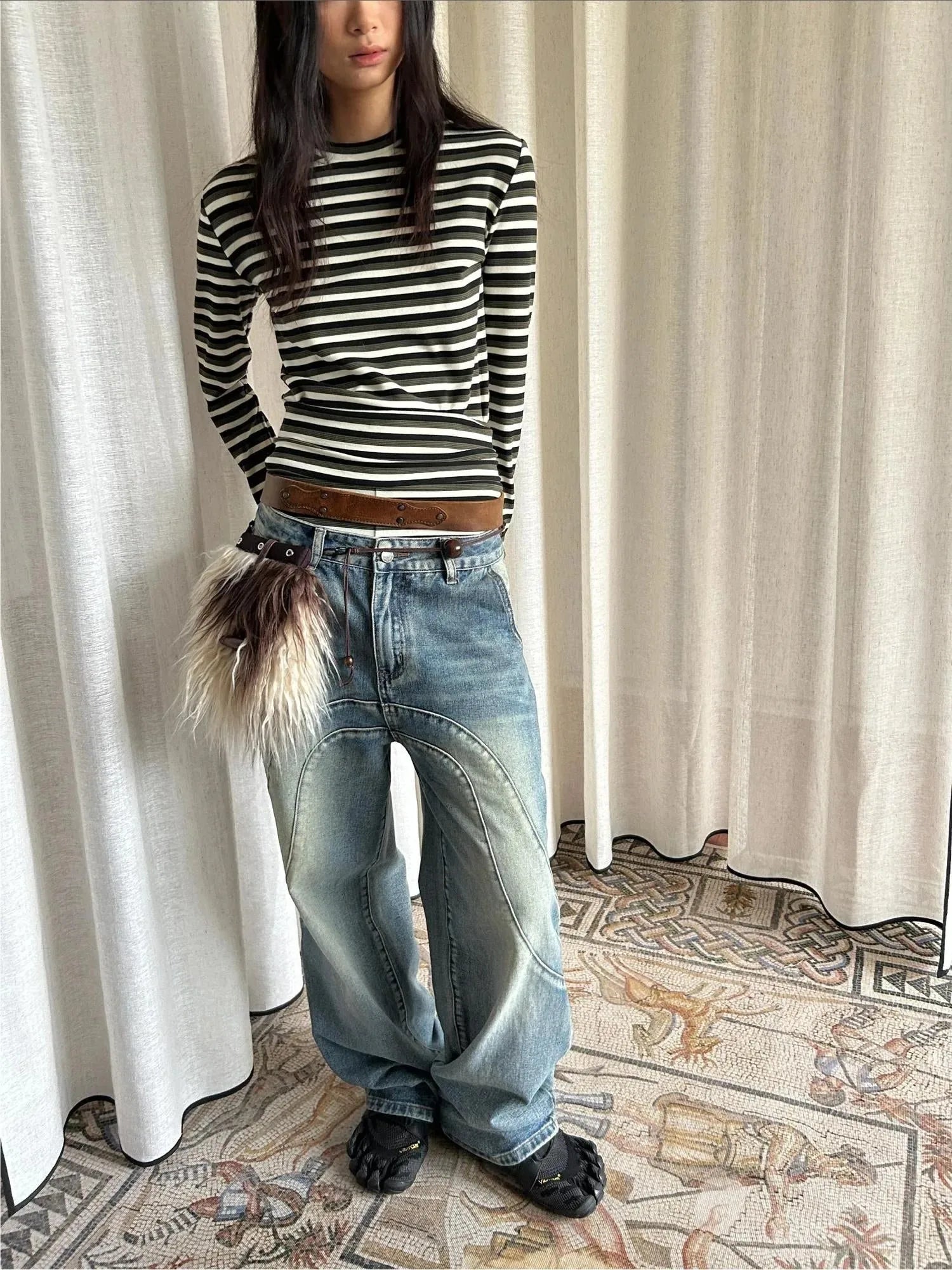 Thermal Striped Long Sleeve Round Neck T-Shirt