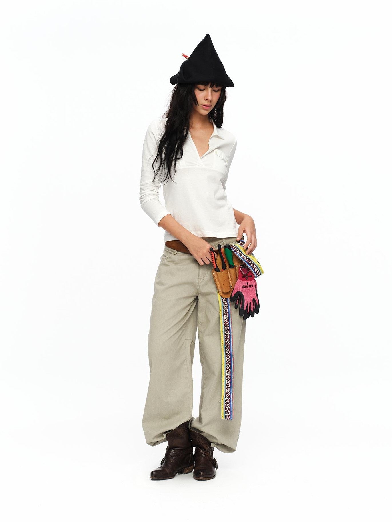 oinimi Turn Down Collar Double Pocket Utility Women&