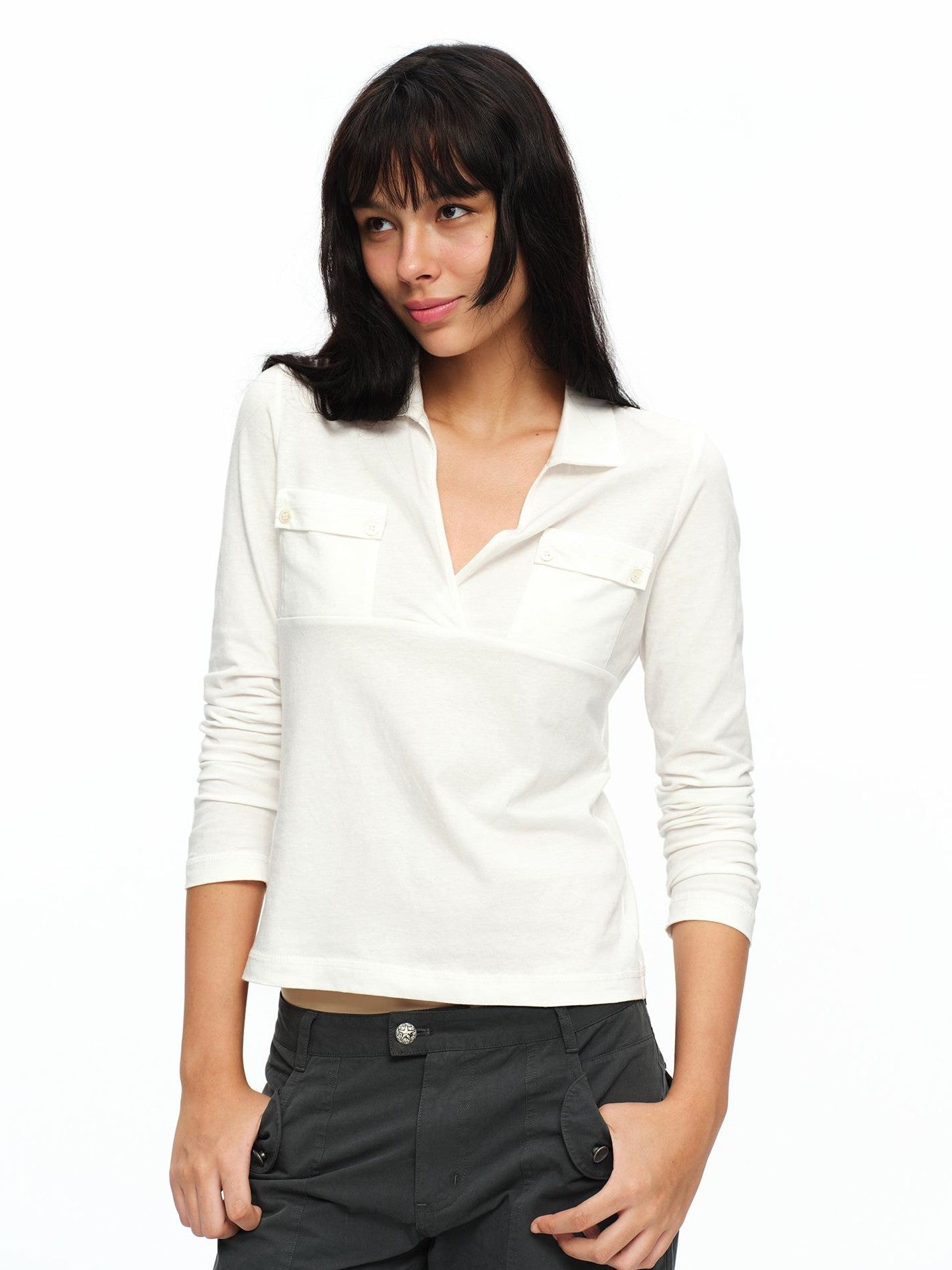 oinimi Turn Down Collar Double Pocket Utility Women&