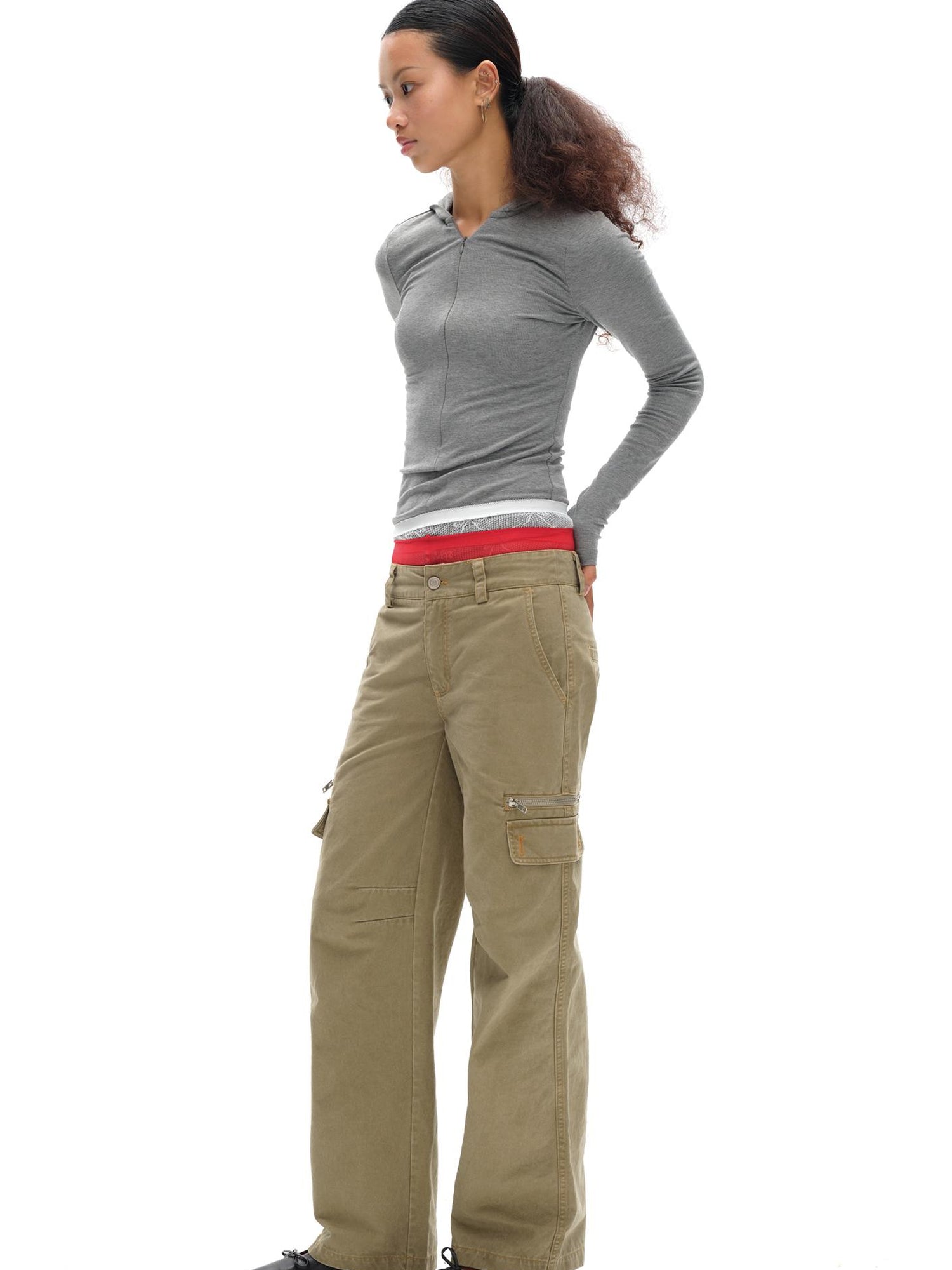 oinimi V-Neck Hooded Adjustable Fleece-Lined Slim Fit Top